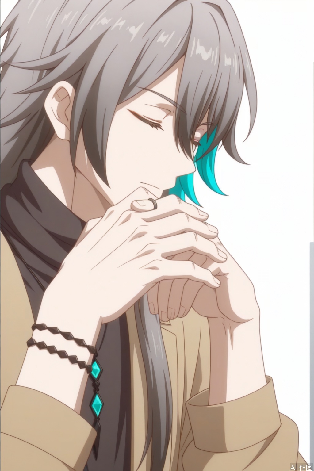 solo,(white background:1.2),simple background,su_honkai_3rd,anime_style,long hair,1boy,male focus,jewelry,closed mouth,closed eyes,grey hair,necklace,bracelet,sweater,turtleneck,multicolored hair,hair between eyes,coat,jacket,earrings,streaked hair,belt,hair stick,hair ornament,pants,black shirt