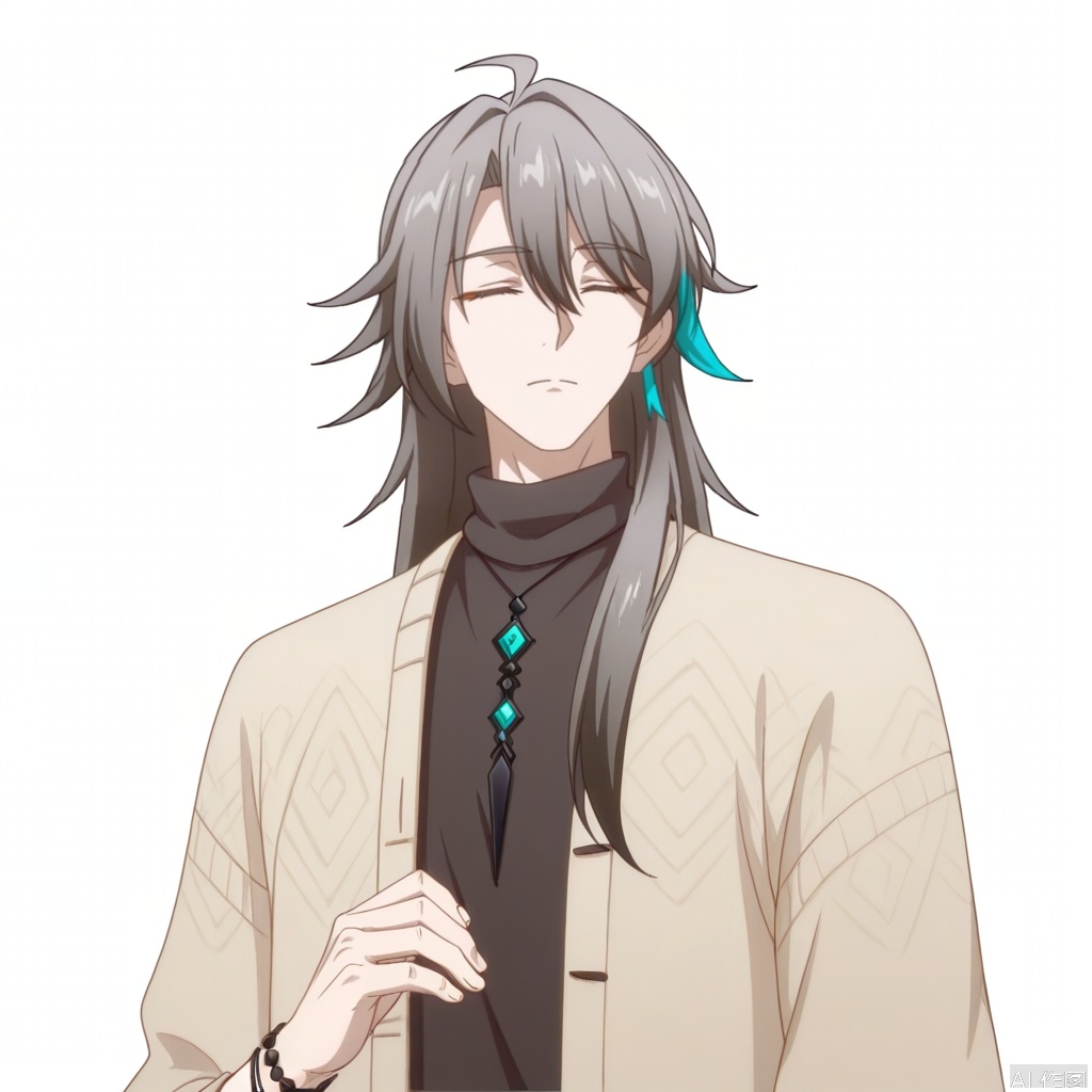 solo,(white background:1.2),simple background,su_honkai_3rd,anime_style,long hair,1boy,male focus,jewelry,closed mouth,closed eyes,grey hair,necklace,bracelet,sweater,turtleneck,multicolored hair,hair between eyes,coat,jacket,earrings,streaked hair,belt,hair stick,hair ornament,pants,black shirt