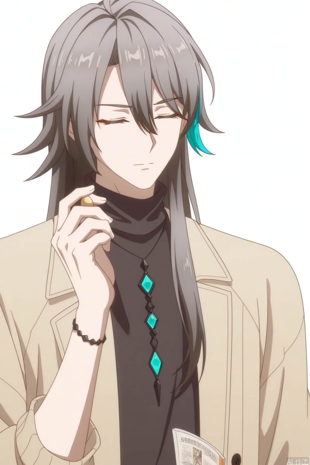 solo,(white background:1.2),simple background,su_honkai_3rd,anime_style,long hair,1boy,male focus,jewelry,closed mouth,closed eyes,grey hair,necklace,bracelet,sweater,turtleneck,multicolored hair,hair between eyes,coat,jacket,earrings,streaked hair,belt,hair stick,hair ornament,pants,black shirt
