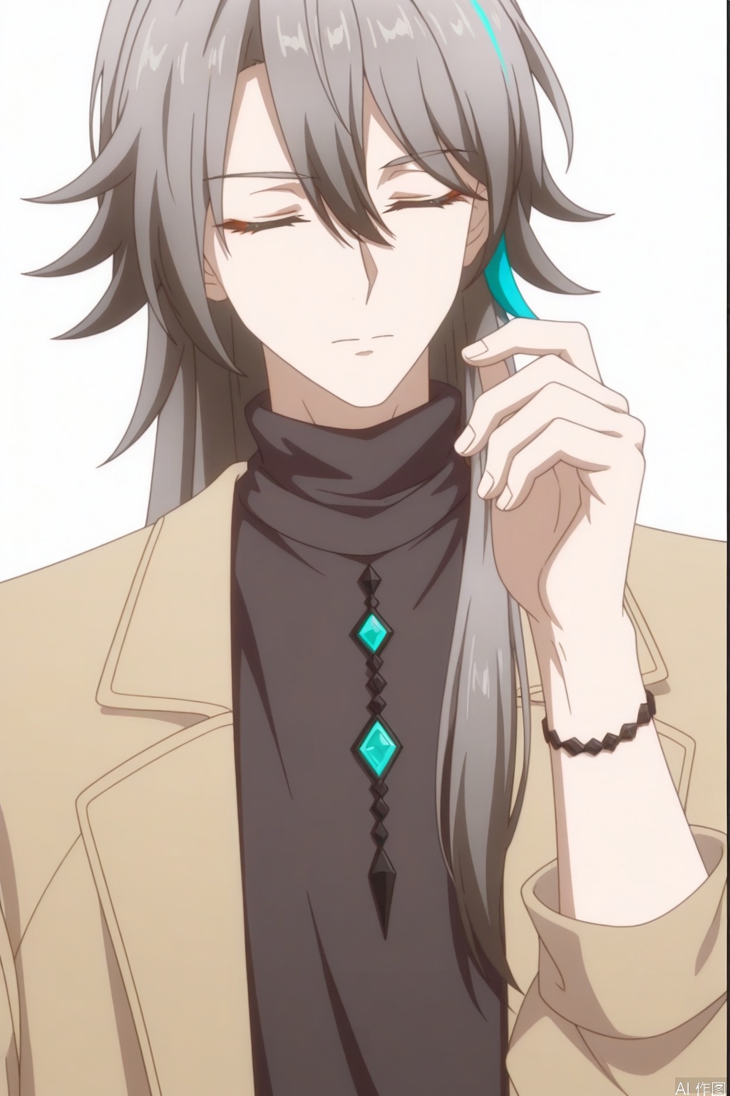 solo,(white background:1.2),simple background,su_honkai_3rd,anime_style,long hair,1boy,male focus,jewelry,closed mouth,closed eyes,grey hair,necklace,bracelet,sweater,turtleneck,multicolored hair,hair between eyes,coat,jacket,earrings,streaked hair,belt,hair stick,hair ornament,pants,black shirt