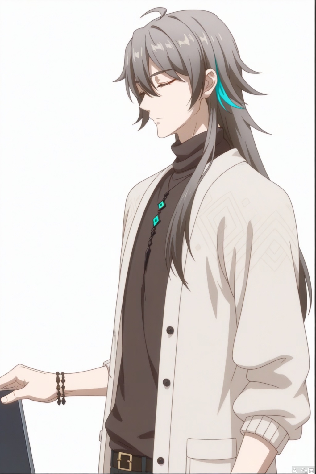 solo,(white background:1.2),simple background,su_honkai_3rd,anime_style,long hair,1boy,male focus,jewelry,closed mouth,closed eyes,grey hair,necklace,bracelet,sweater,turtleneck,multicolored hair,hair between eyes,coat,jacket,earrings,streaked hair,belt,hair stick,hair ornament,pants,black shirt