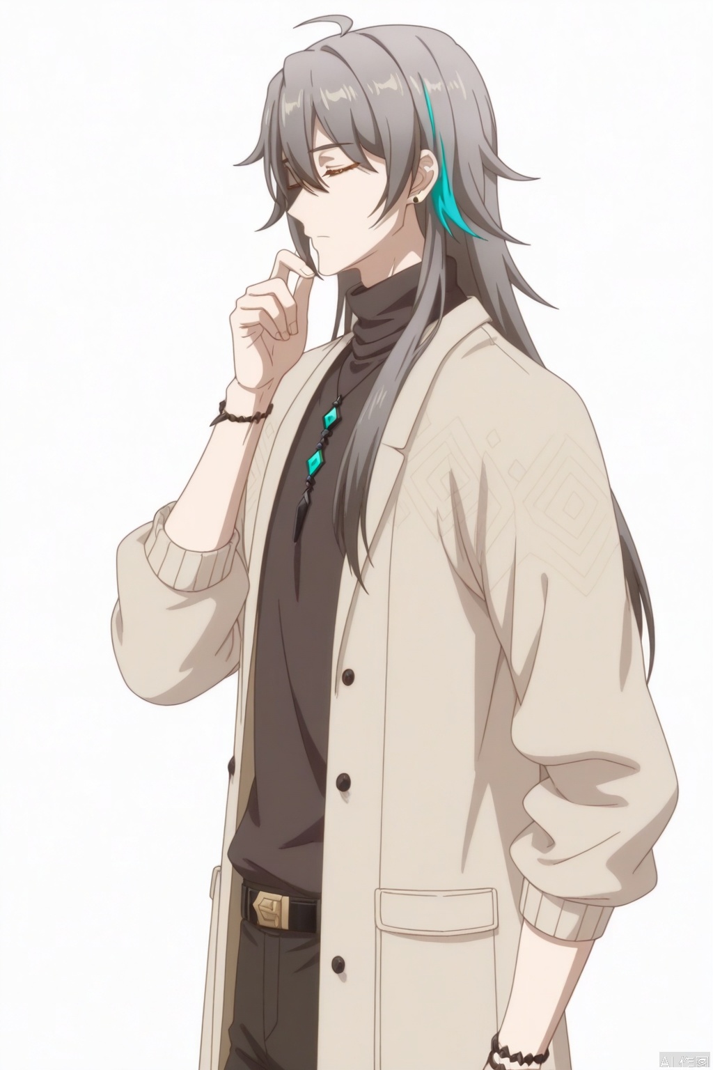 solo,(white background:1.2),simple background,su_honkai_3rd,anime_style,long hair,1boy,male focus,jewelry,closed mouth,closed eyes,grey hair,necklace,bracelet,sweater,turtleneck,multicolored hair,hair between eyes,coat,jacket,earrings,streaked hair,belt,hair stick,hair ornament,pants,black shirt