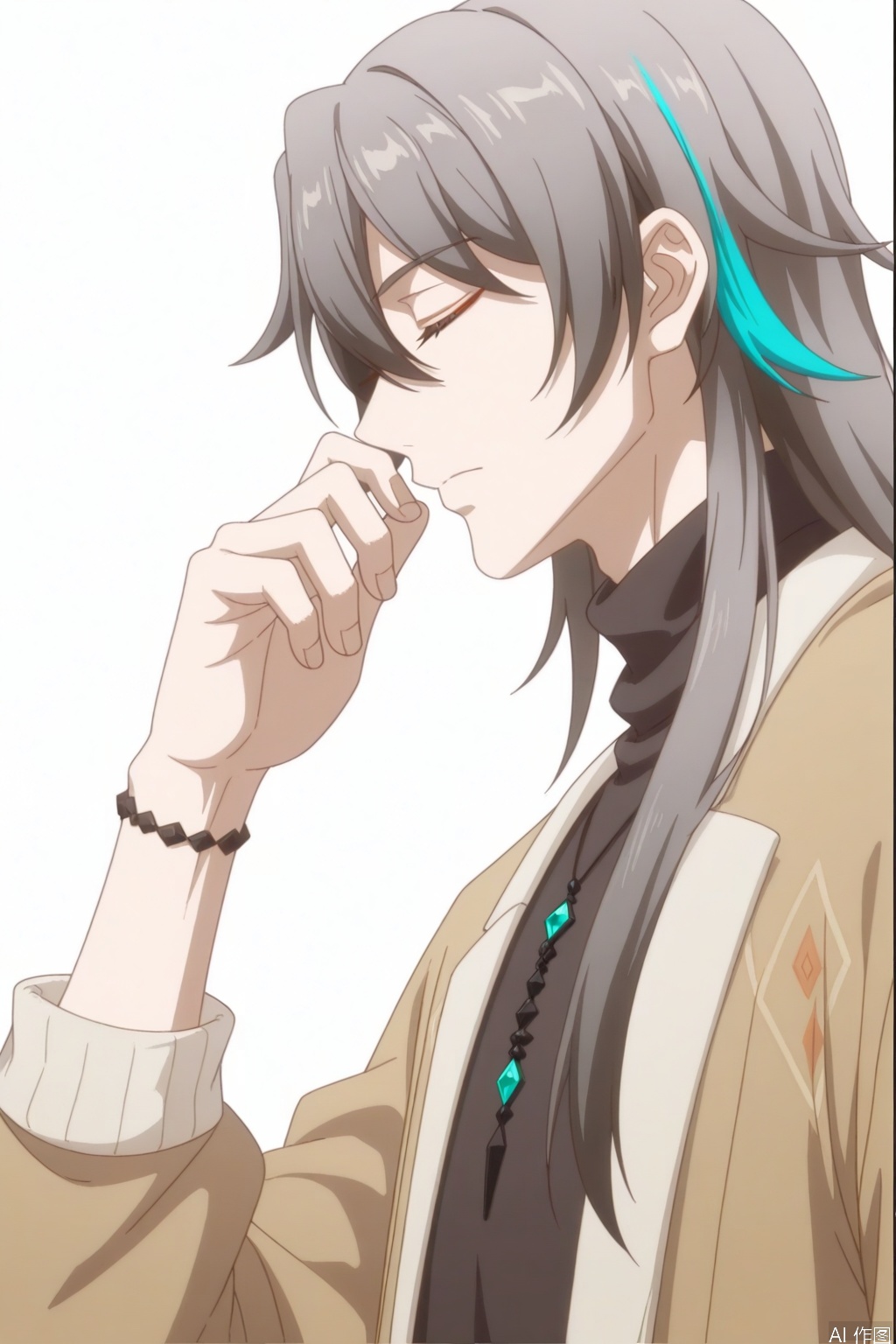 solo,(white background:1.2),simple background,su_honkai_3rd,anime_style,long hair,1boy,male focus,jewelry,closed mouth,closed eyes,grey hair,necklace,bracelet,sweater,turtleneck,multicolored hair,hair between eyes,coat,jacket,earrings,streaked hair,belt,hair stick,hair ornament,pants,black shirt