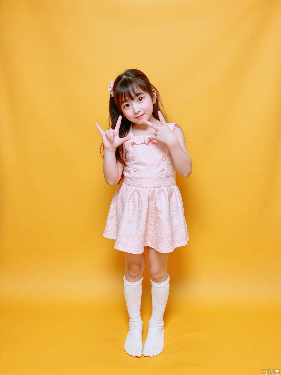 A young girl, approximately 11 years old, stands confidently on a brilliant yellow background, her slender frame and youthful style evident in her relaxed posture. Legs slightly apart, she wears childlike attire and thigh-high socks that add a touch of playfulness. Her face is tilted downwards, conveying a mix of curiosity and embarrassment, as bright eyes sparkle and rosy cheeks flush with excitement, against the warm yellow backdrop. Detailed fingers
