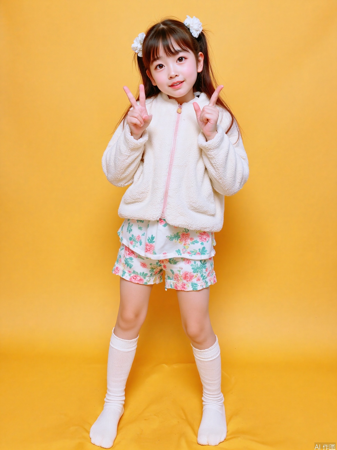A young girl, approximately 11 years old, stands confidently on a brilliant yellow background, her slender frame and youthful style evident in her relaxed posture. Legs slightly apart, she wears childlike attire and thigh-high socks that add a touch of playfulness. Her face is tilted downwards, conveying a mix of curiosity and embarrassment, as bright eyes sparkle and rosy cheeks flush with excitement, against the warm yellow backdrop. Detailed fingers

