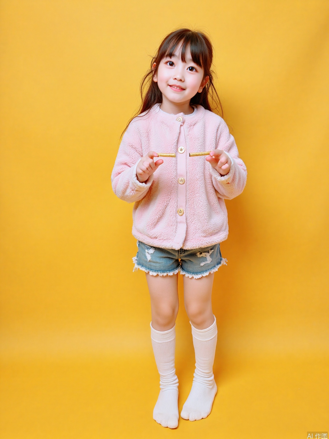 A young girl, approximately 11 years old, stands confidently on a brilliant yellow background, her slender frame and youthful style evident in her relaxed posture. Legs slightly apart, she wears childlike attire and thigh-high socks that add a touch of playfulness. Her face is tilted downwards, conveying a mix of curiosity and embarrassment, as bright eyes sparkle and rosy cheeks flush with excitement, against the warm yellow backdrop. Detailed fingers

