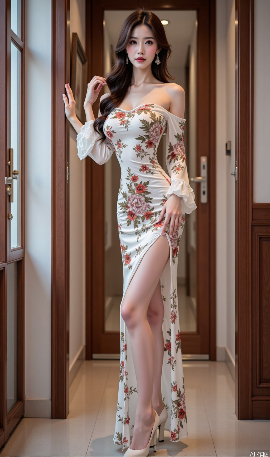 Realistic photos,（（silk stockings））, young women, long hair, fair skin, big breast, off-shoulder, split cheongsam with  patterns, long legs, high heels, full body, fashion pose,  in door,