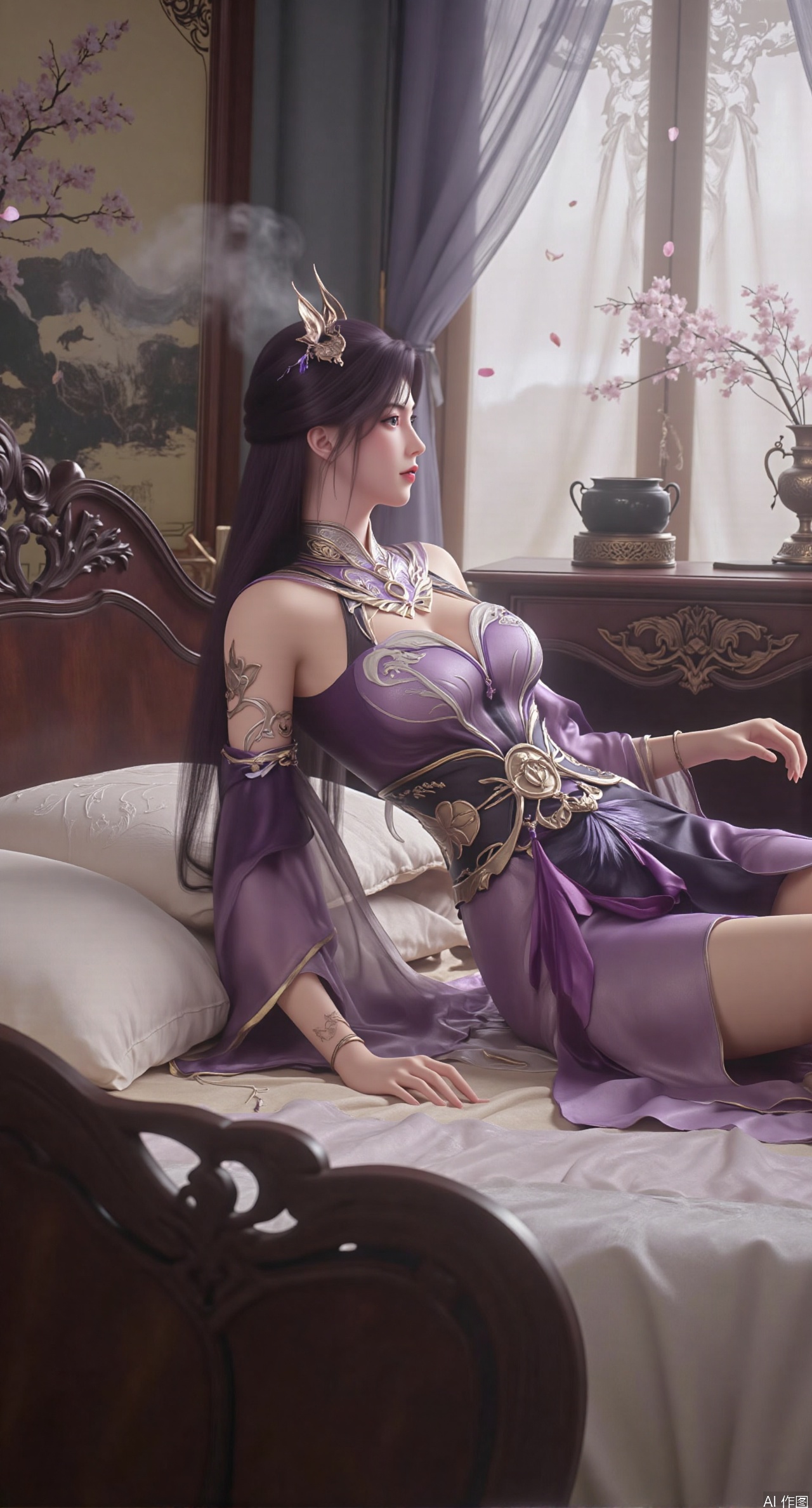 (masterpiece, best quality:1.2),Ancient Chinese boudoir scene,purple Hanfu, maiden lying sideways on an intricately carved wooden bed, soft natural light filtering through sheer silk curtains, satin bedding with delicate sheen, detailed traditional Chinese Gongbi painting style, subtle celadon color palette, background featuring vintage dressing table and embroidered screen, falling plum blossom petals near window and wispy smoke from bronze incense burner, 8K resolution with intricate fabric draping and wood grain textures,,(huge breasts:2.99),(full breasts:2.89), 