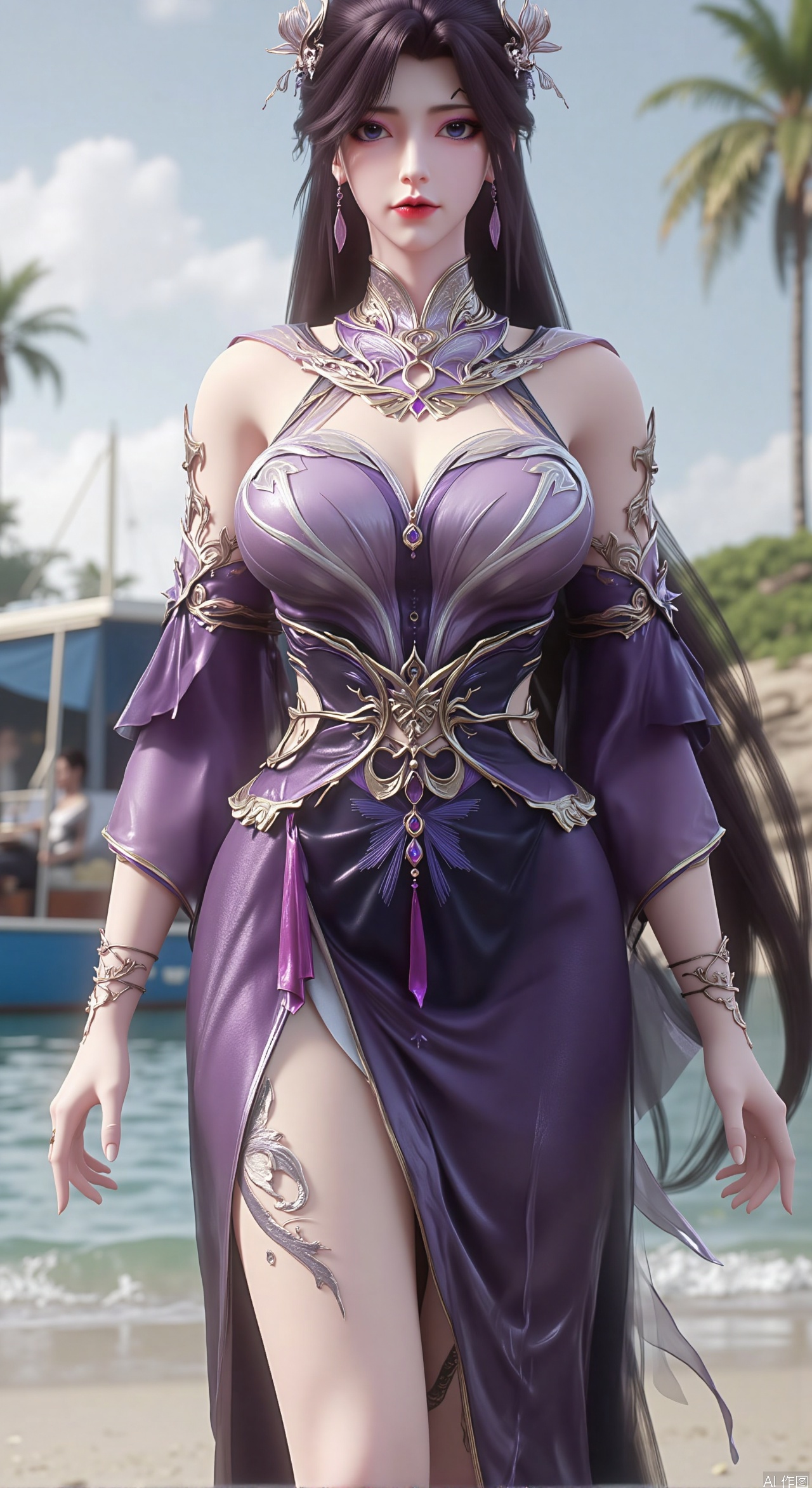  SFW,(masterpiece:1.2),best quality,absurdres,masterpiece,original,extremely detailed wallpaper,perfect lighting,1girl,solo,looking at viewer,(cowboy_shot:1.3),long hair,high heels,blurry background,depth of field,motion blur,(long dress:1.23),china_dress,chinese_style,bare shouders,crystal_earrings,headpiece,hair_tie,chest_jewel,gem,necklace,jewelry,in summer,day,outdoors,nature,garden,,(standing,Seaside, beach, sailboat, coconut trees,flowers:1.59),(huge breasts:2.99),(full breasts:2.99),
