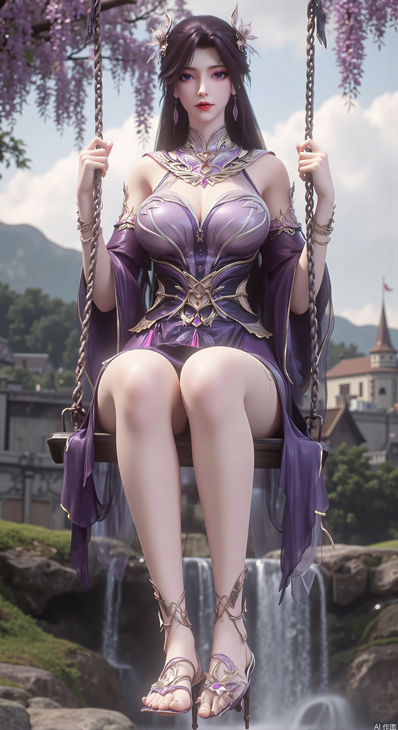 SFW,(masterpiece, top quality, best quality, official art, beautiful and aesthetic:1.2),Dynamic posture,(Sitting on the swing:1.39),natural skin texture,(Milky skin:1.2),1gir,solo,long Dress,
(Long legs, perfect proportions:1.2),(Sakura, butterfly:1.29),(huge breasts:2.99),(full breasts:2.99),Wisteria, wisteria flowers, castle, waterfall, mountains in the distance,