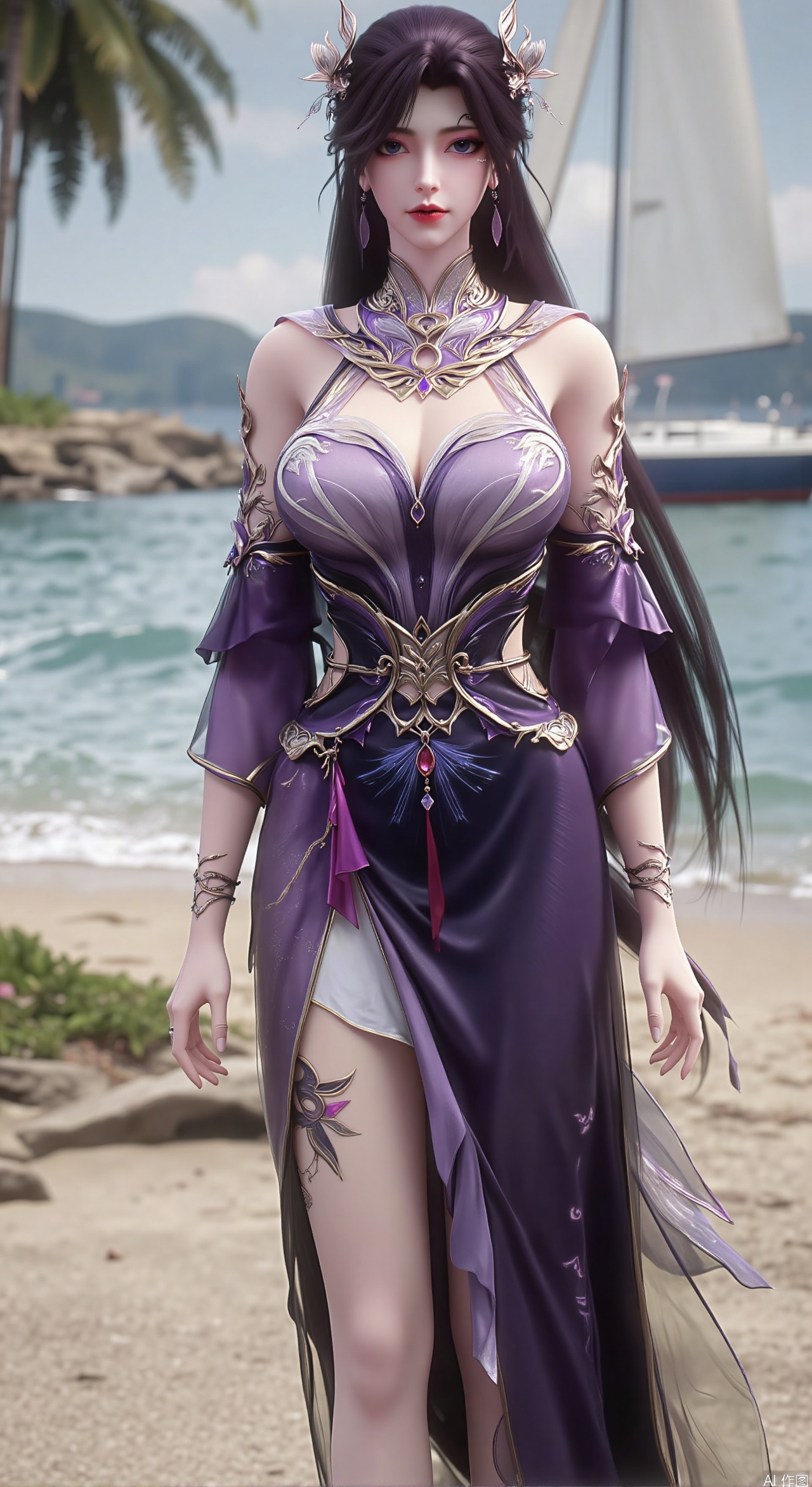  SFW,(masterpiece:1.2),best quality,absurdres,masterpiece,original,extremely detailed wallpaper,perfect lighting,1girl,solo,looking at viewer,(cowboy_shot:1.3),long hair,high heels,blurry background,depth of field,motion blur,(long dress:1.23),china_dress,chinese_style,bare shouders,crystal_earrings,headpiece,hair_tie,chest_jewel,gem,necklace,jewelry,in summer,day,outdoors,nature,garden,,(standing,Seaside, beach, sailboat, coconut trees,flowers:1.59),(huge breasts:2.99),(full breasts:2.99),