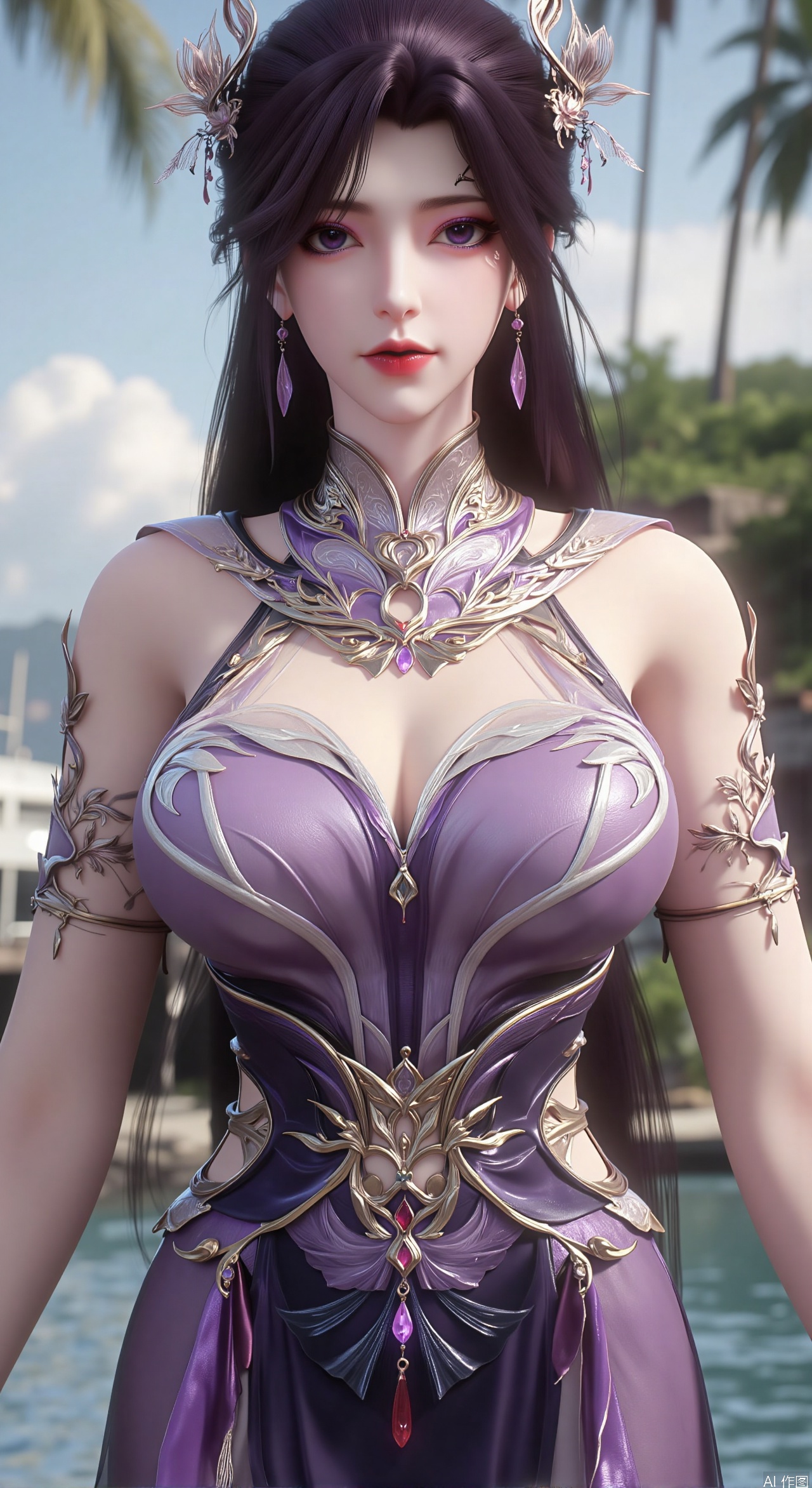  SFW,(masterpiece:1.2),best quality,absurdres,masterpiece,original,extremely detailed wallpaper,perfect lighting,1girl,solo,looking at viewer,(cowboy_shot:1.3),long hair,high heels,blurry background,depth of field,motion blur,(long dress:1.23),china_dress,chinese_style,bare shouders,crystal_earrings,headpiece,hair_tie,chest_jewel,gem,necklace,jewelry,in summer,day,outdoors,nature,garden,,(standing,Seaside, beach, sailboat, coconut trees,flowers:1.59),(huge breasts:2.99),(full breasts:2.99),