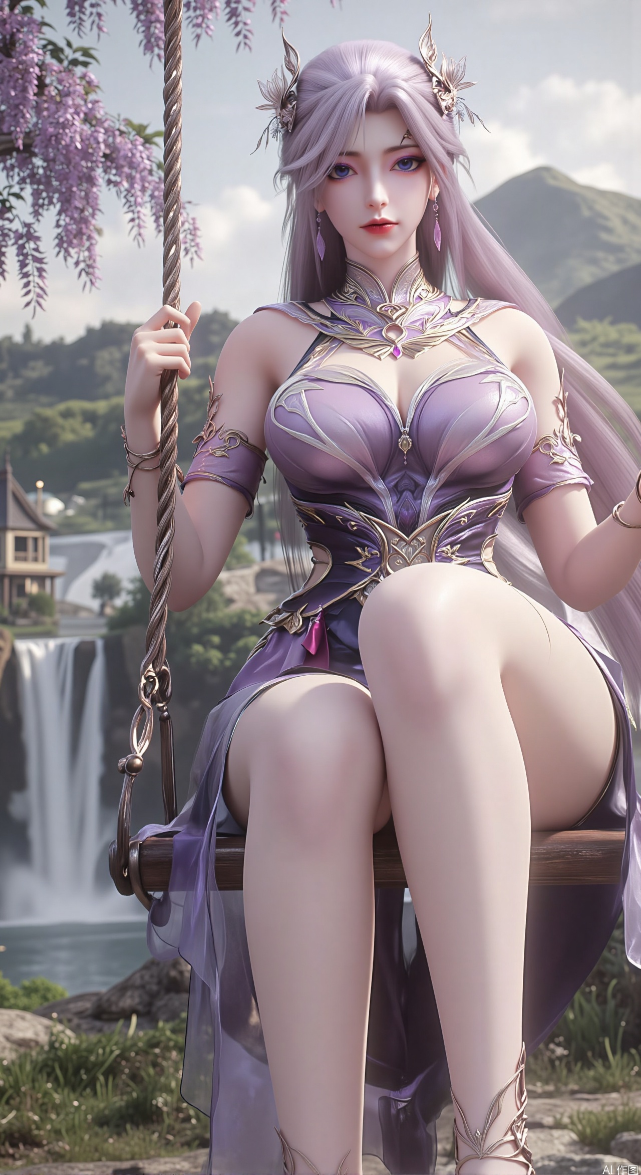 SFW,(masterpiece, top quality, best quality, official art, beautiful and aesthetic:1.2),Dynamic posture,(Sitting on the swing:1.39),natural skin texture,(Milky skin:1.2),1gir,solo,long Dress,
(Long legs, perfect proportions:1.2),(Sakura, butterfly:1.29),(huge breasts:2.99),(full breasts:2.99),Wisteria, wisteria flowers, castle, waterfall, mountains in the distance,
