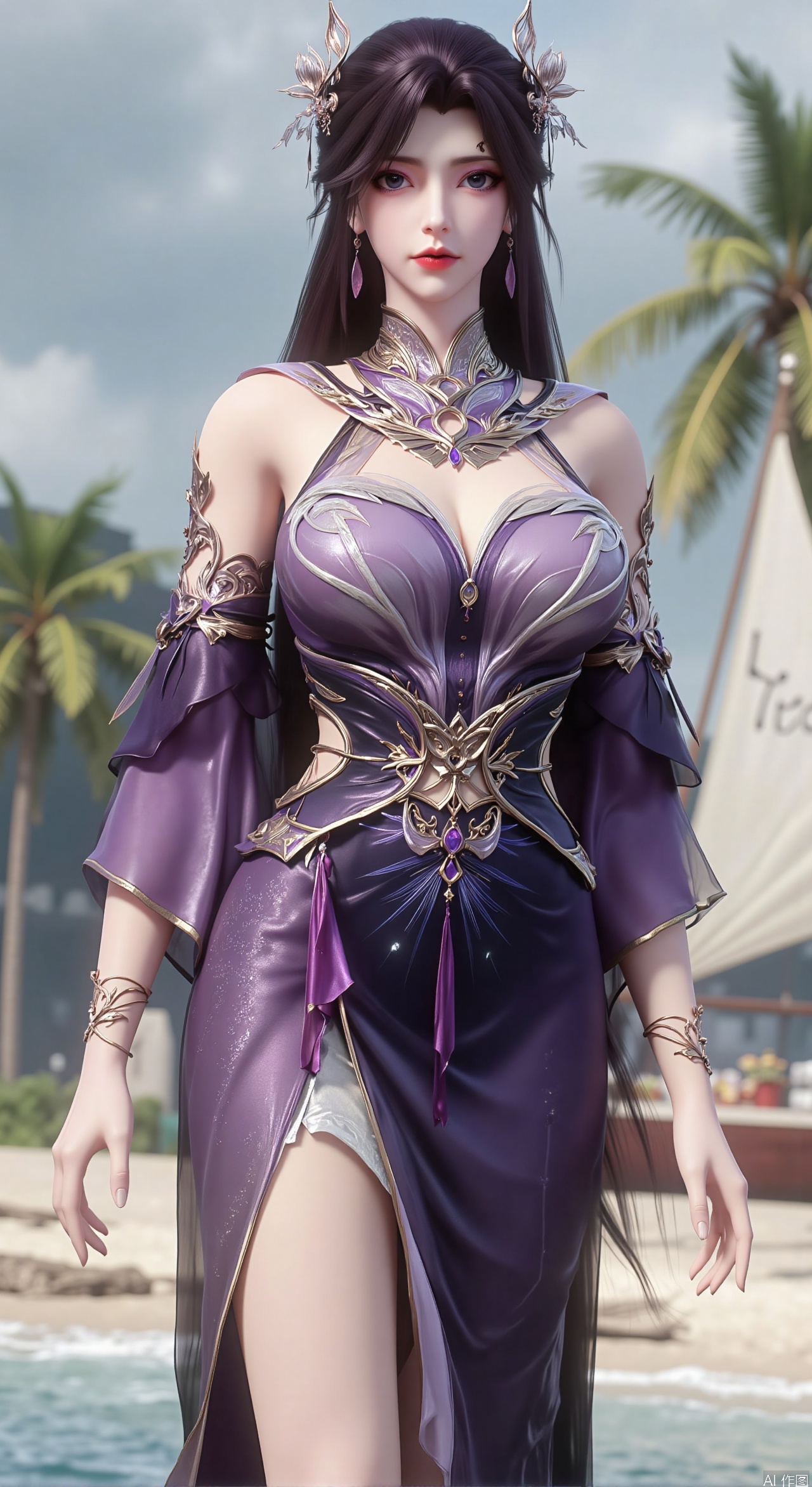  SFW,(masterpiece:1.2),best quality,absurdres,masterpiece,original,extremely detailed wallpaper,perfect lighting,1girl,solo,looking at viewer,(cowboy_shot:1.3),long hair,high heels,blurry background,depth of field,motion blur,(long dress:1.23),china_dress,chinese_style,bare shouders,crystal_earrings,headpiece,hair_tie,chest_jewel,gem,necklace,jewelry,in summer,day,outdoors,nature,garden,,(standing,Seaside, beach, sailboat, coconut trees,flowers:1.59),(huge breasts:2.99),(full breasts:2.99),