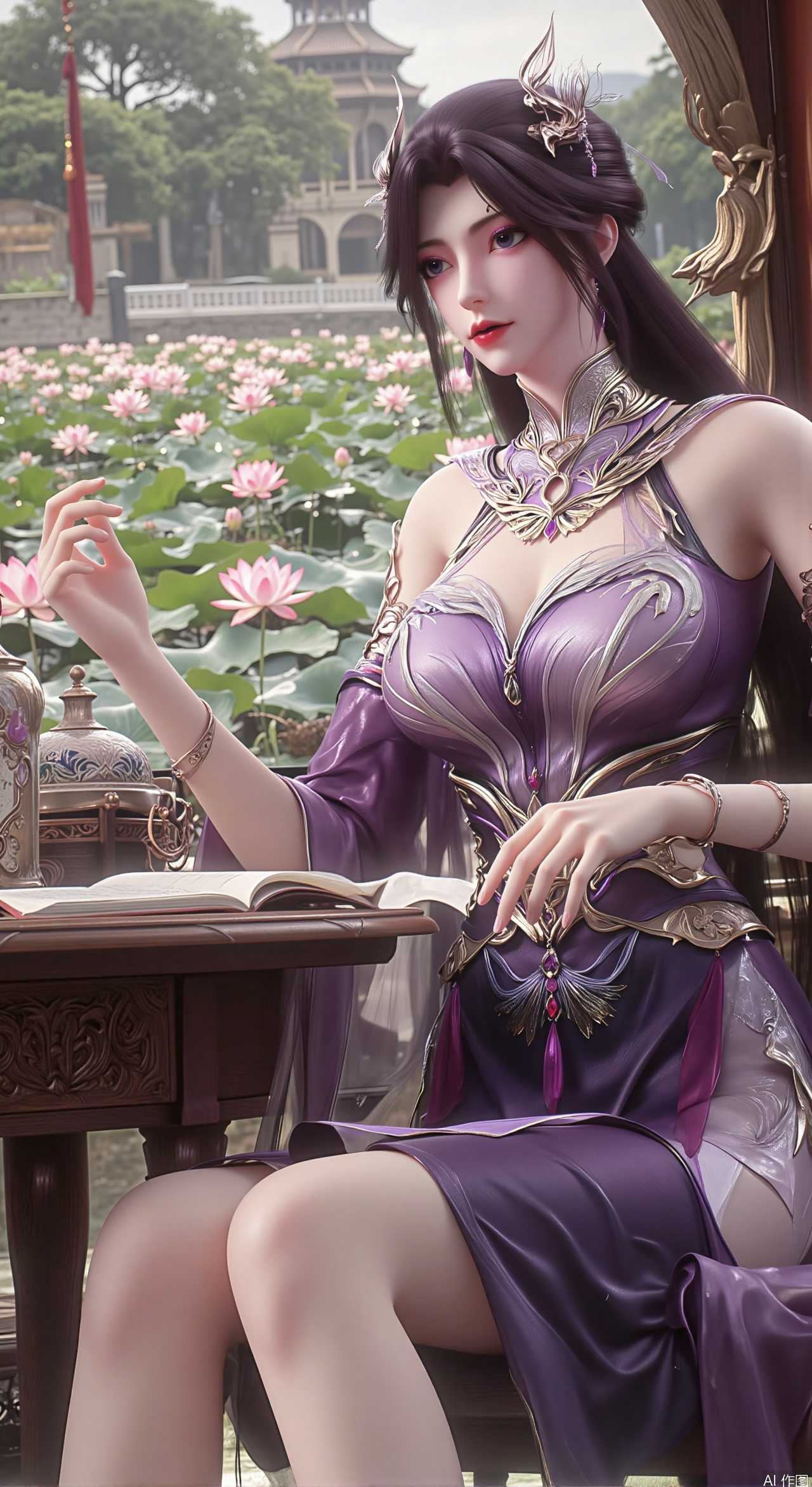 (masterpiece, best quality:1.2),1girl, solo, Ancient princess's boudoir with bright color palette, Hanfu-clad maiden sitting by latticed window desk in romantic daydreaming posture,  classical Chinese garden through window showcasing lotus pond filled with blooming pink and white lotuses, delicate ink-wash painting style, interior featuring rosewood furniture with mother-of-pearl inlay, silk curtains fluttering in breeze, porcelain stationery set on desk, distant view of curved bridges and pavilions in garden, ultra HD rendering with crisp details on embroidered garments and translucent lotus petals,,(huge breasts:2.99),(full breasts:2.89), 