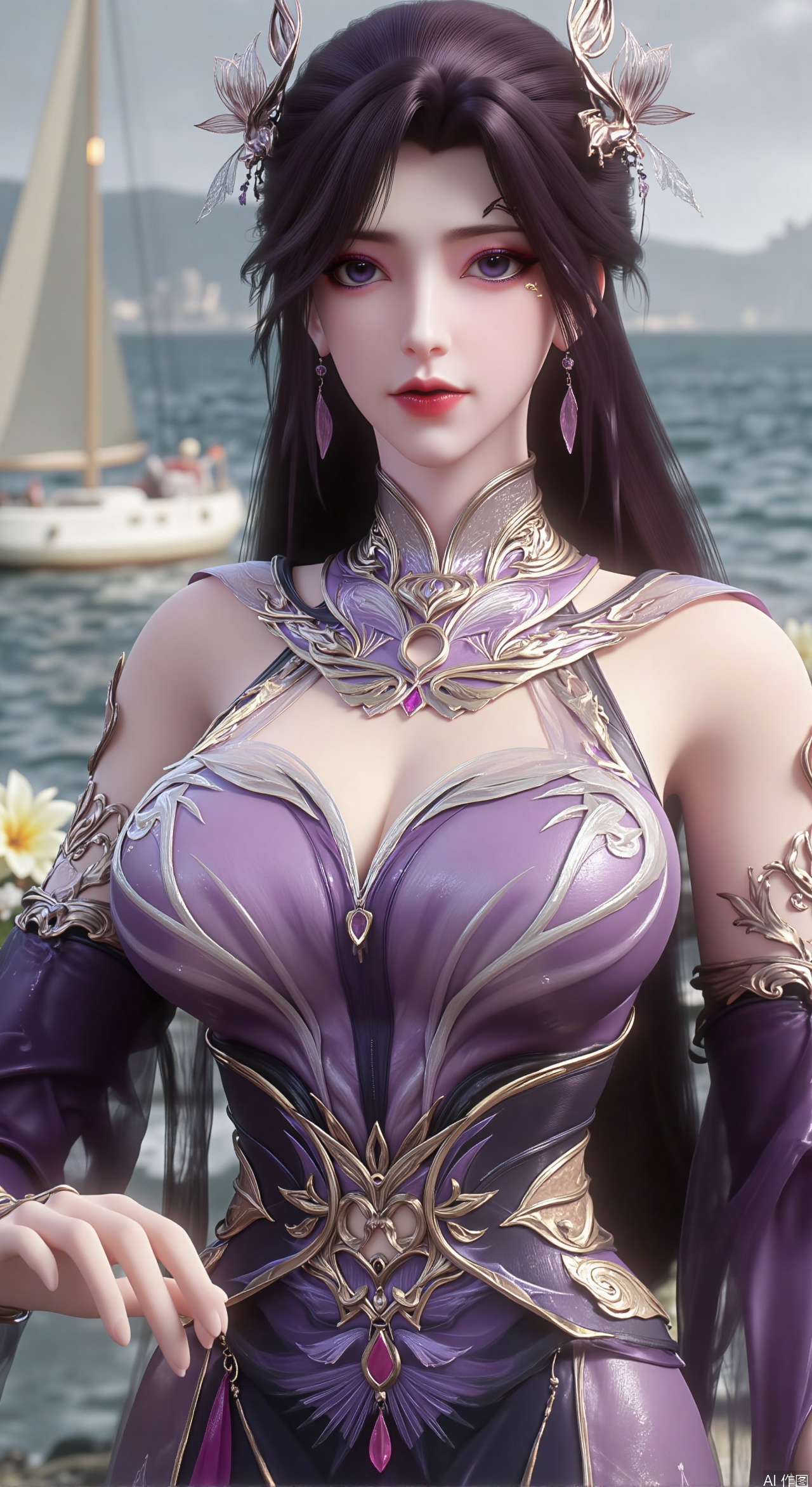  SFW,(masterpiece:1.2),best quality,absurdres,masterpiece,original,extremely detailed wallpaper,perfect lighting,1girl,solo,looking at viewer,(cowboy_shot:1.3),long hair,high heels,blurry background,depth of field,motion blur,(long dress:1.23),china_dress,chinese_style,bare shouders,crystal_earrings,headpiece,hair_tie,chest_jewel,gem,necklace,jewelry,in summer,day,outdoors,nature,garden,,(standing,Seaside, beach, sailboat, coconut trees,flowers:1.59),(huge breasts:2.99),(full breasts:2.99),