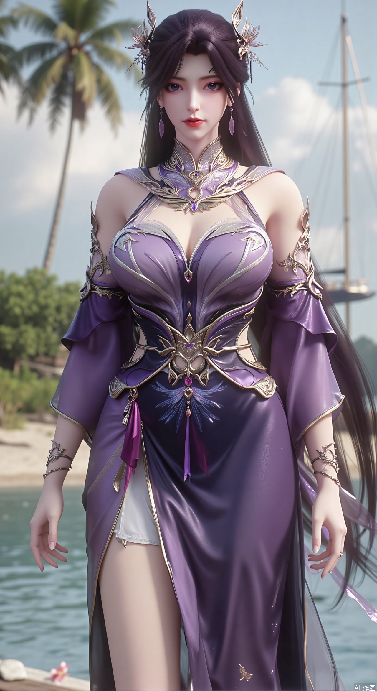  SFW,(masterpiece:1.2),best quality,absurdres,masterpiece,original,extremely detailed wallpaper,perfect lighting,1girl,solo,looking at viewer,(cowboy_shot:1.3),long hair,high heels,blurry background,depth of field,motion blur,(long dress:1.23),china_dress,chinese_style,bare shouders,crystal_earrings,headpiece,hair_tie,chest_jewel,gem,necklace,jewelry,in summer,day,outdoors,nature,garden,,(standing,Seaside, beach, sailboat, coconut trees,flowers:1.59),(huge breasts:2.99),(full breasts:2.99),