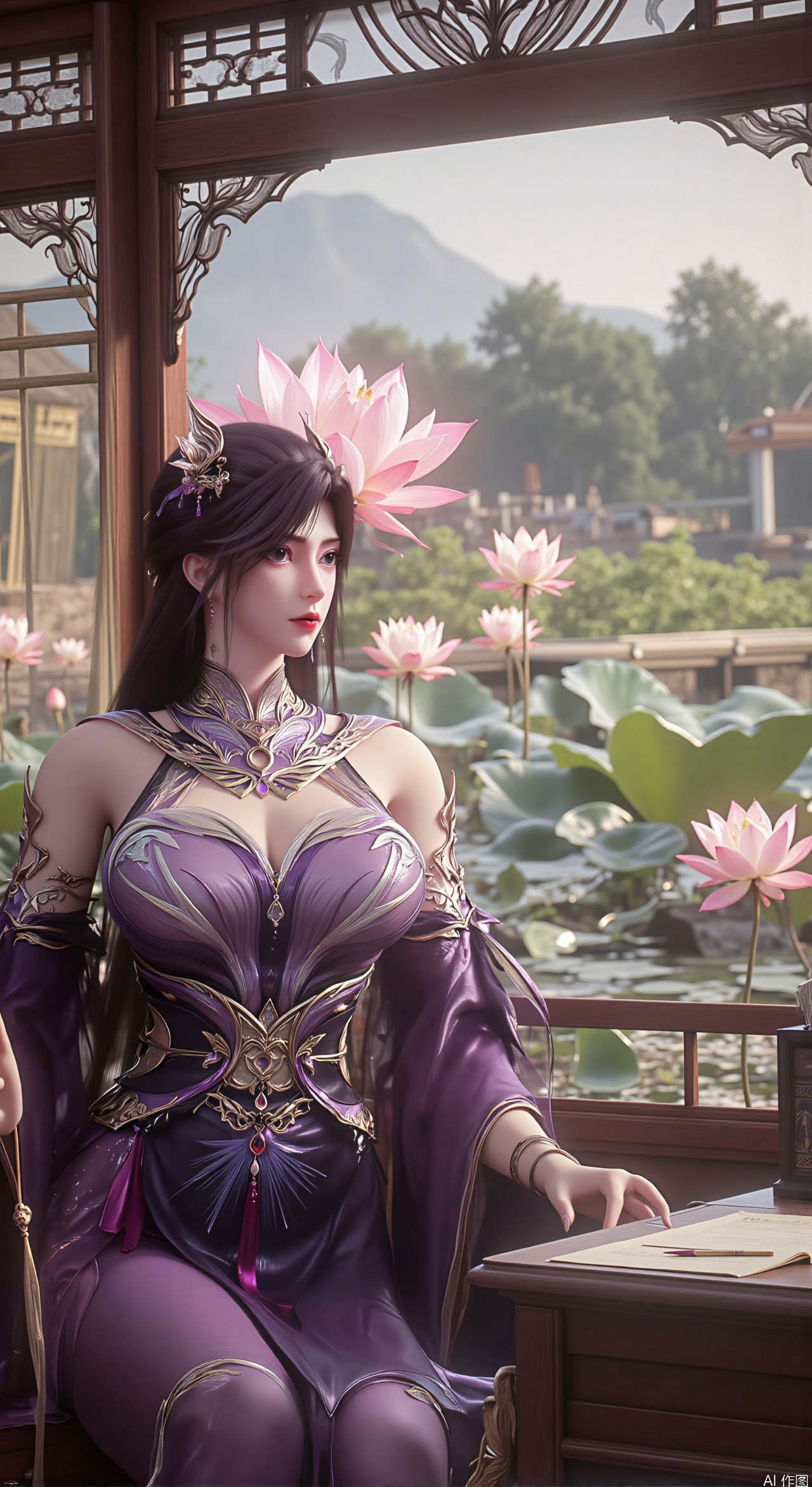 (masterpiece, best quality:1.2),1girl, solo, Ancient princess's boudoir with bright color palette, Hanfu-clad maiden sitting by latticed window desk in romantic daydreaming posture,  classical Chinese garden through window showcasing lotus pond filled with blooming pink and white lotuses, delicate ink-wash painting style, interior featuring rosewood furniture with mother-of-pearl inlay, silk curtains fluttering in breeze, porcelain stationery set on desk, distant view of curved bridges and pavilions in garden, ultra HD rendering with crisp details on embroidered garments and translucent lotus petals,,(huge breasts:2.99),(full breasts:2.89), 