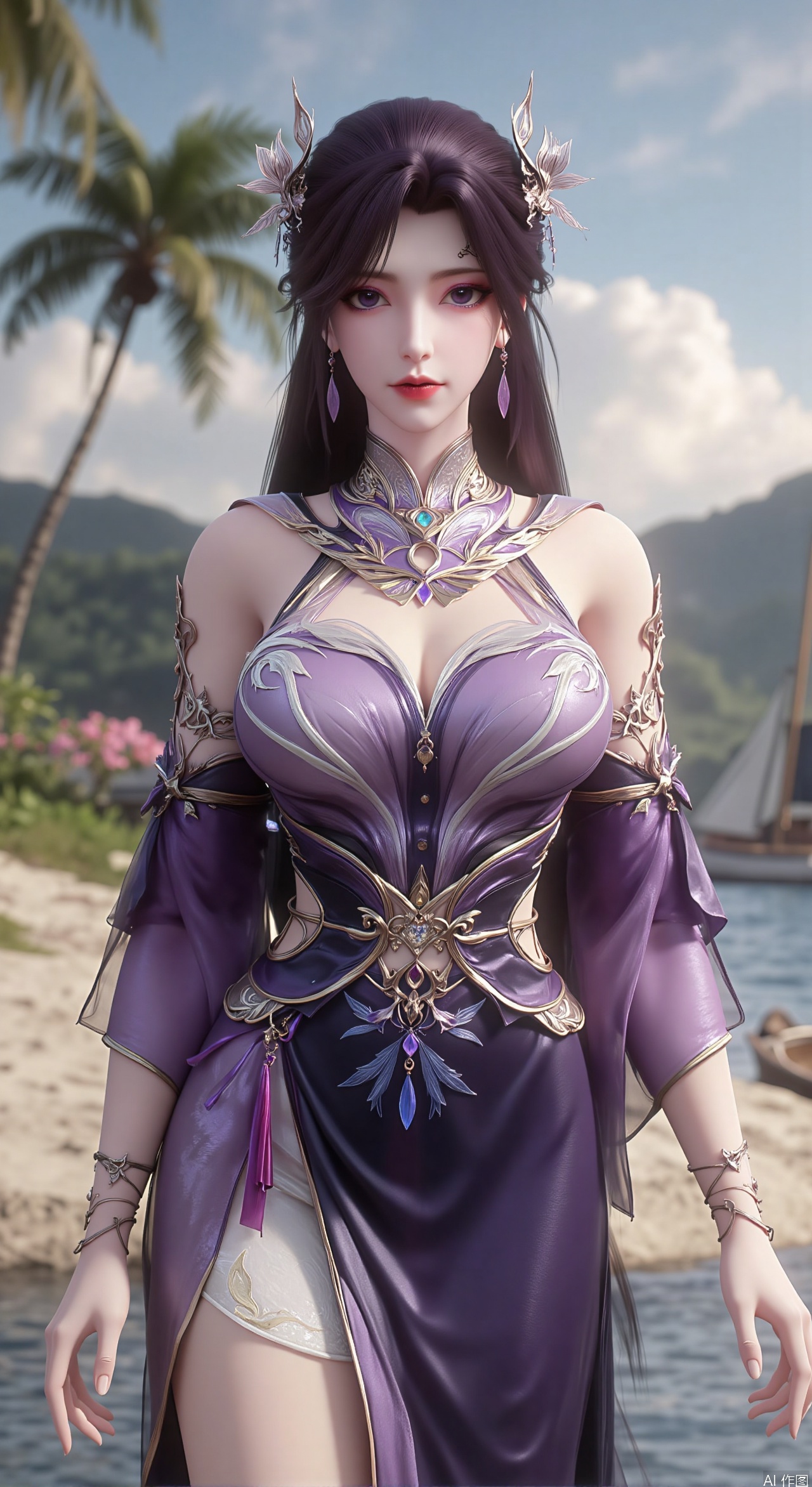  SFW,(masterpiece:1.2),best quality,absurdres,masterpiece,original,extremely detailed wallpaper,perfect lighting,1girl,solo,looking at viewer,(cowboy_shot:1.3),long hair,high heels,blurry background,depth of field,motion blur,(long dress:1.23),china_dress,chinese_style,bare shouders,crystal_earrings,headpiece,hair_tie,chest_jewel,gem,necklace,jewelry,in summer,day,outdoors,nature,garden,,(standing,Seaside, beach, sailboat, coconut trees,flowers:1.59),(huge breasts:2.99),(full breasts:2.99),