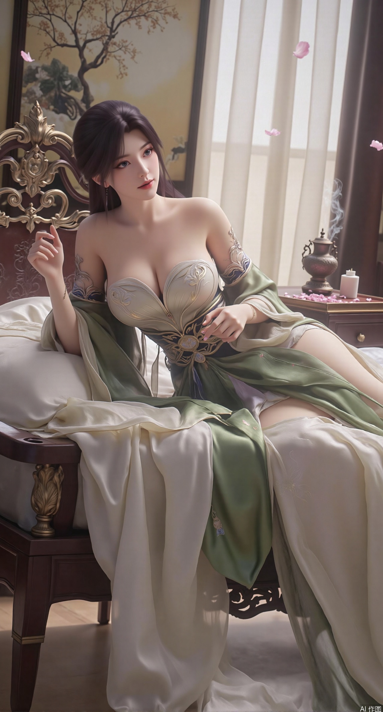 (masterpiece, best quality:1.2),Ancient Chinese boudoir scene, Hanfu-clad maiden lying sideways on an intricately carved wooden bed, soft natural light filtering through sheer silk curtains, satin bedding with delicate sheen, detailed traditional Chinese Gongbi painting style, subtle celadon color palette, background featuring vintage dressing table and embroidered screen, falling plum blossom petals near window and wispy smoke from bronze incense burner, 8K resolution with intricate fabric draping and wood grain textures,,(huge breasts:2.99),(full breasts:2.89), 