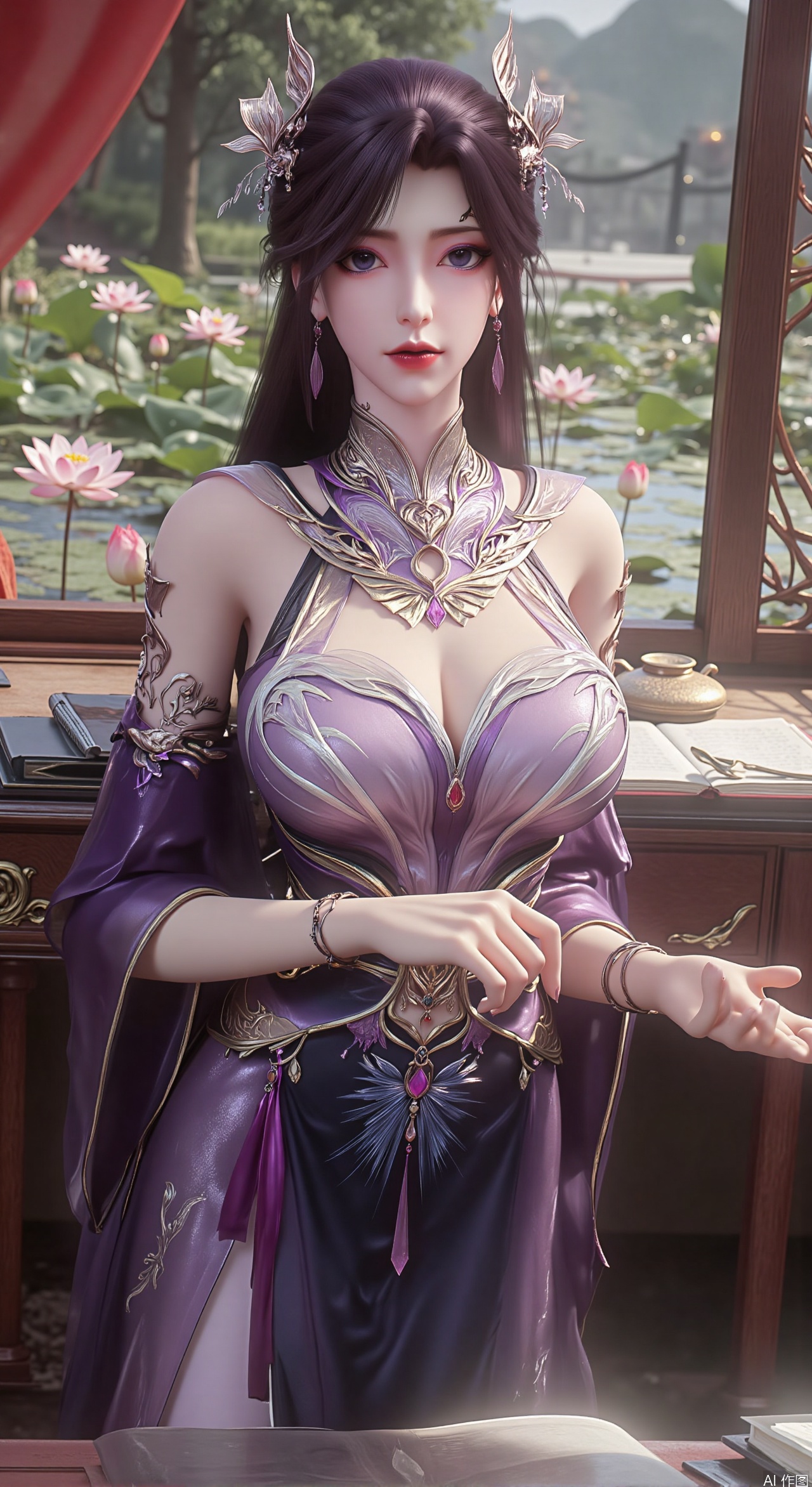 (masterpiece, best quality:1.2),1girl, solo, Ancient princess's boudoir with bright color palette, Hanfu-clad maiden sitting by latticed window desk in romantic daydreaming posture,  classical Chinese garden through window showcasing lotus pond filled with blooming pink and white lotuses, delicate ink-wash painting style, interior featuring rosewood furniture with mother-of-pearl inlay, silk curtains fluttering in breeze, porcelain stationery set on desk, distant view of curved bridges and pavilions in garden, ultra HD rendering with crisp details on embroidered garments and translucent lotus petals,,(huge breasts:2.99),(full breasts:2.89), 