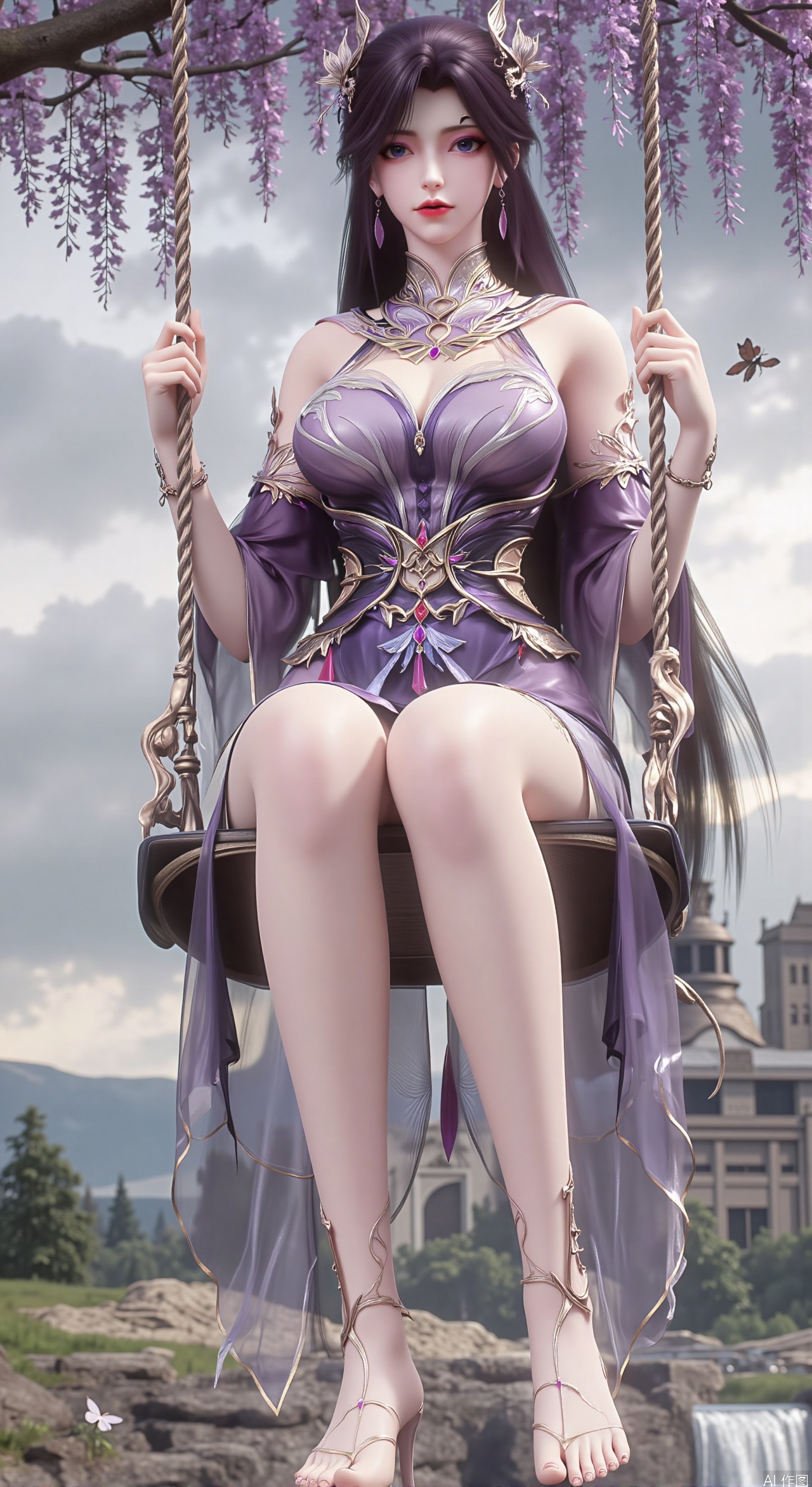 SFW,(masterpiece, top quality, best quality, official art, beautiful and aesthetic:1.2),Dynamic posture,(Sitting on the swing:1.39),natural skin texture,(Milky skin:1.2),1gir,solo,long Dress,
(Long legs, perfect proportions:1.2),(Sakura, butterfly:1.29),(huge breasts:2.99),(full breasts:2.99),Wisteria, wisteria flowers, castle, waterfall, mountains in the distance,