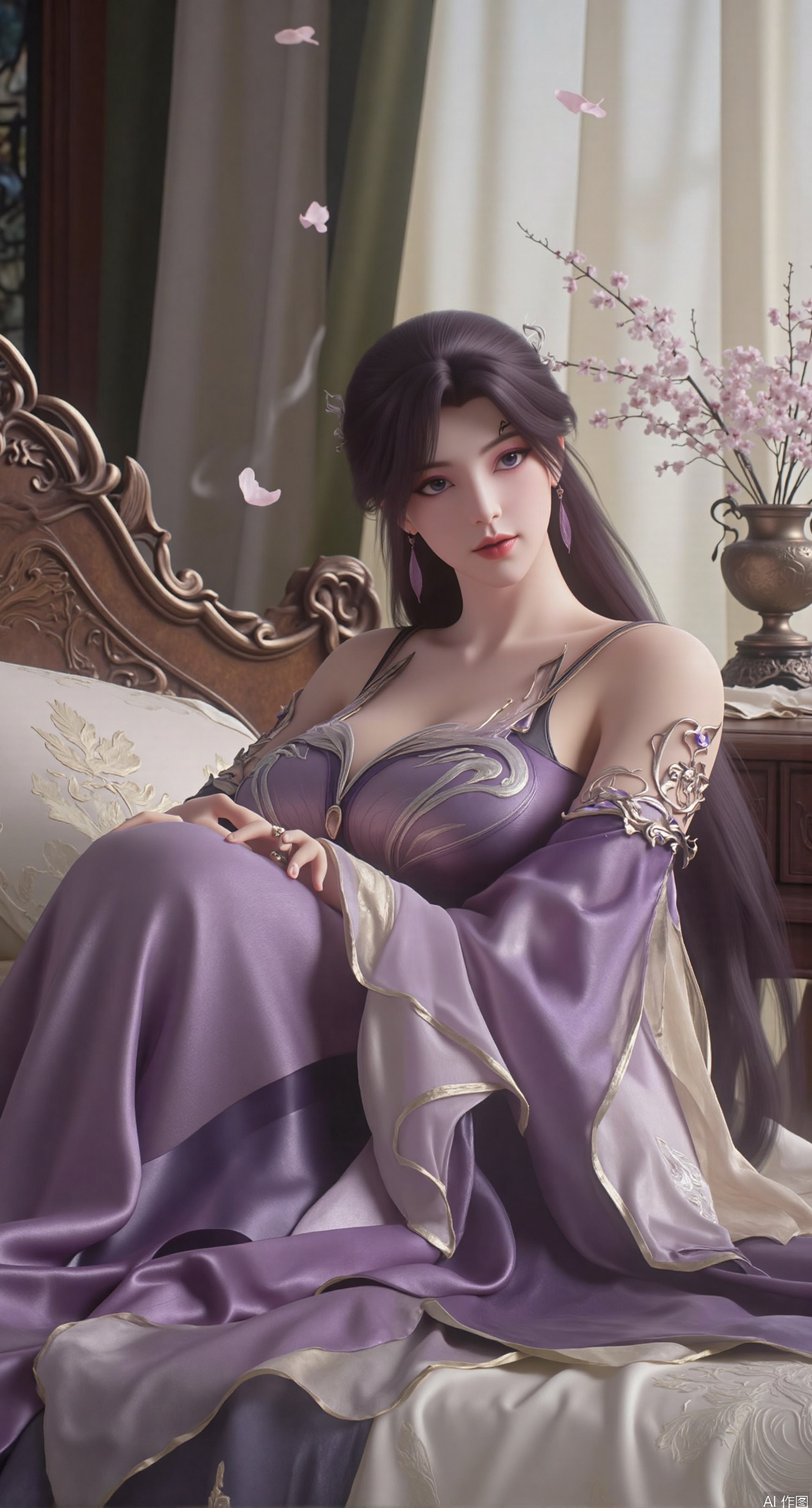 (masterpiece, best quality:1.2),Ancient Chinese boudoir scene,purple Hanfu, maiden lying sideways on an intricately carved wooden bed, soft natural light filtering through sheer silk curtains, satin bedding with delicate sheen, detailed traditional Chinese Gongbi painting style, subtle celadon color palette, background featuring vintage dressing table and embroidered screen, falling plum blossom petals near window and wispy smoke from bronze incense burner, 8K resolution with intricate fabric draping and wood grain textures,,(huge breasts:2.99),(full breasts:2.89), 