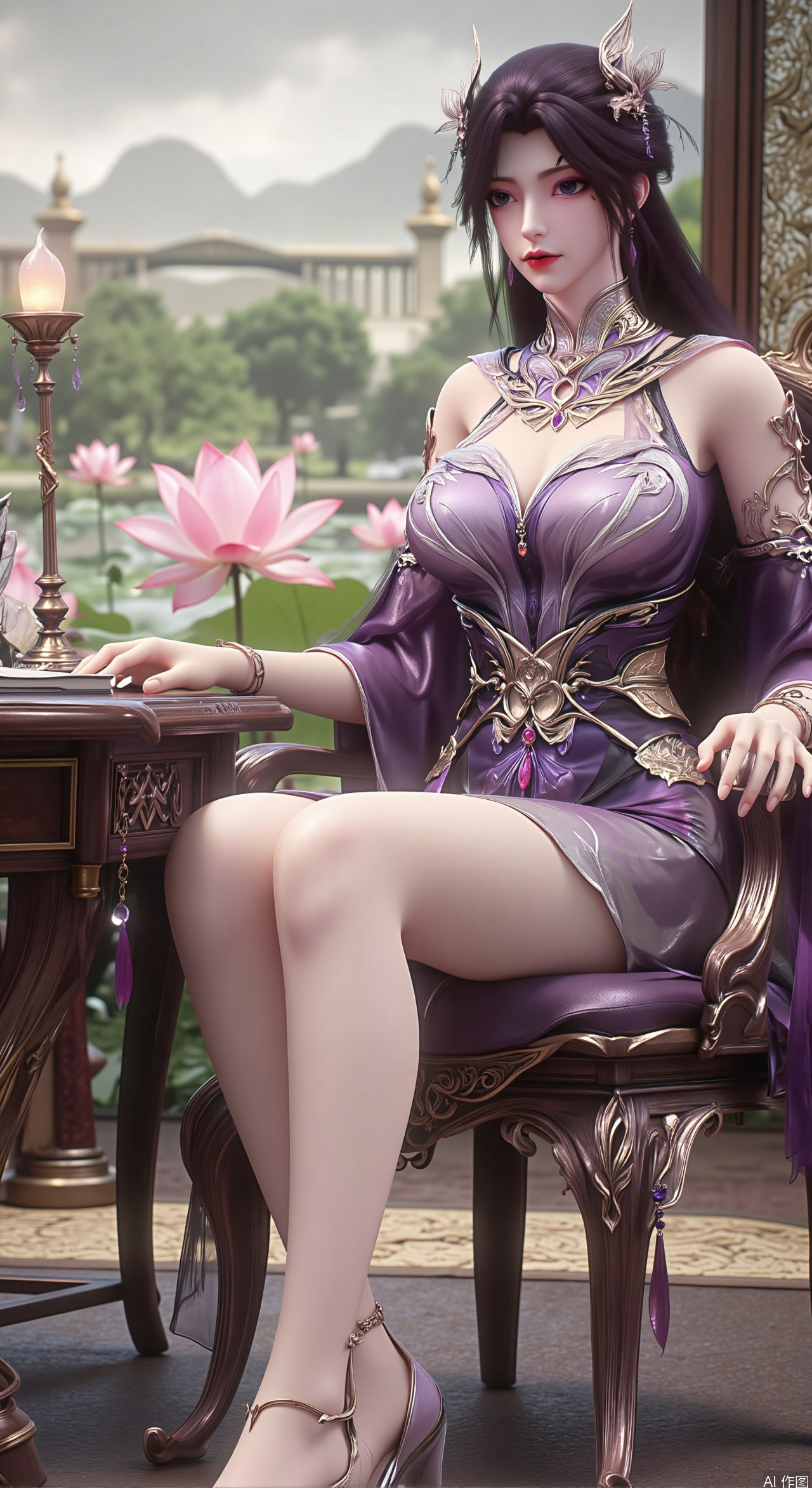(masterpiece, best quality:1.2),1girl, solo, Ancient princess's boudoir with bright color palette, Hanfu-clad maiden sitting by latticed window desk in romantic daydreaming posture,  classical Chinese garden through window showcasing lotus pond filled with blooming pink and white lotuses, delicate ink-wash painting style, interior featuring rosewood furniture with mother-of-pearl inlay, silk curtains fluttering in breeze, porcelain stationery set on desk, distant view of curved bridges and pavilions in garden, ultra HD rendering with crisp details on embroidered garments and translucent lotus petals,,(huge breasts:2.99),(full breasts:2.89), 