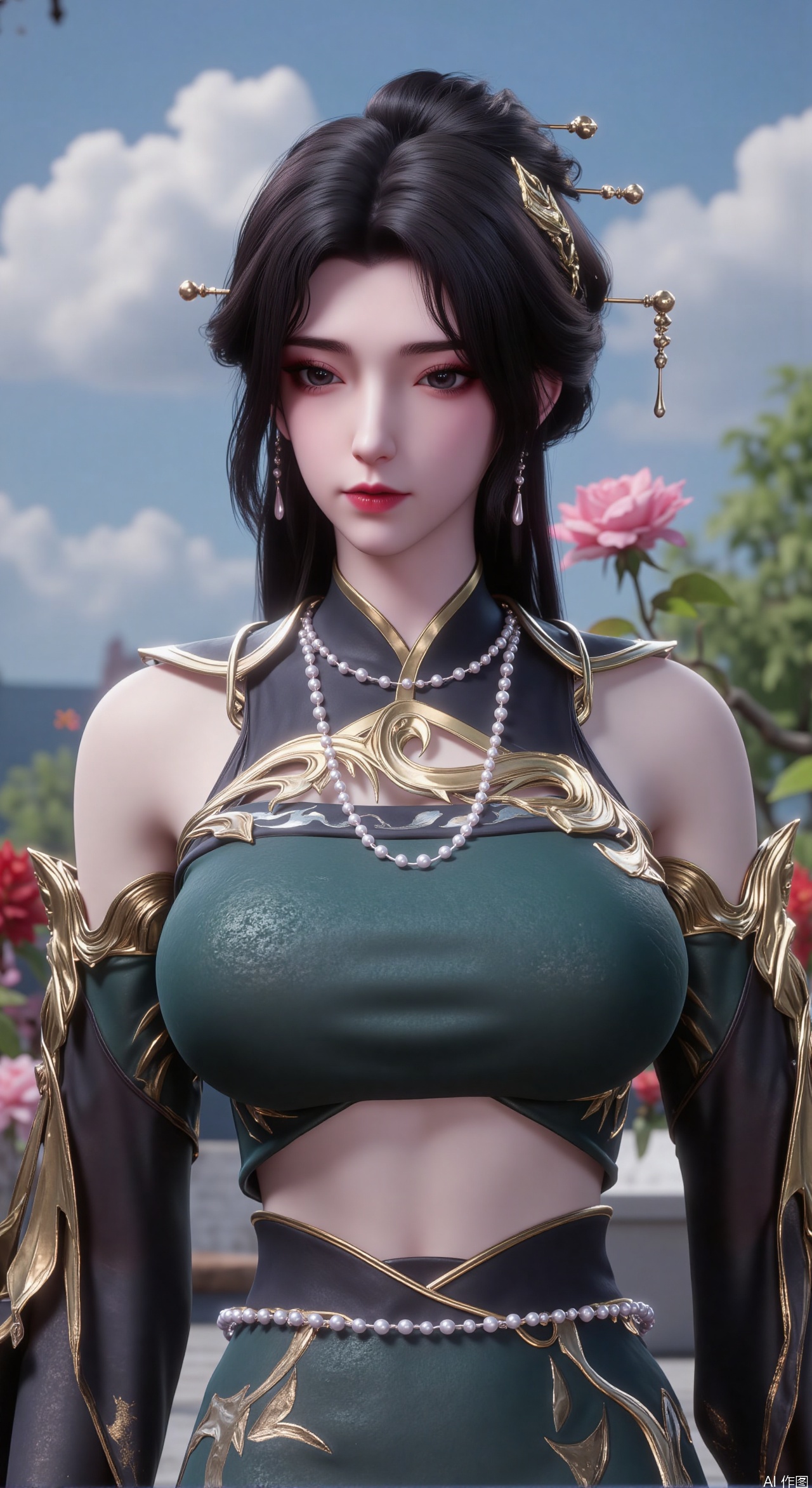  (masterpiece, best quality:1.2),1girl, navel, solo, midriff, bare shoulders, hair ornament, flower, hair flower, black hair, red lips,BREAK, (looking at viewer:1.39), chinese clothes,(Holographic pink|green dress:1.39), (lace:1.29),BREAK,purple eyes,blurry, solo focus, long hair, lips, daytime, lipstick, outdoors, (upper body,,Long legs:1.29), blurry,(huge breasts,full breasts:2.99), background, 1girl, makeup, hair bun,Xyunxiao,(Blue sky:1.39),(Sitting on the garden grass:1.5),(Rose, Chinese rose,Garden:1.55)