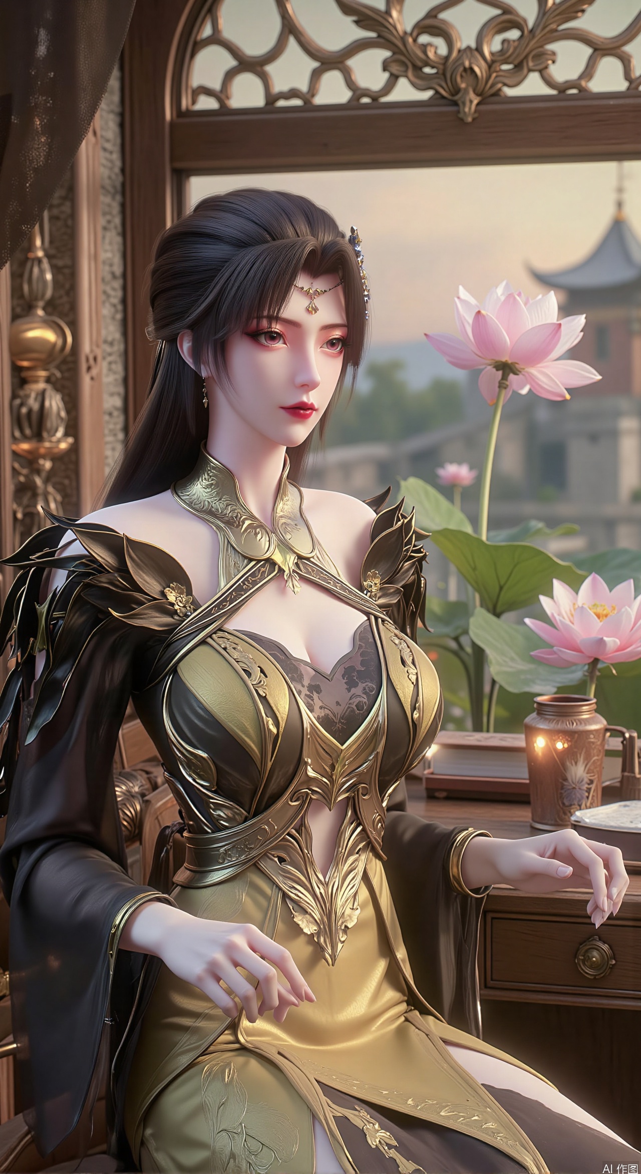 (masterpiece, best quality:1.2),1girl, solo, Ancient princess's boudoir with bright color palette, Hanfu-clad maiden sitting by latticed window desk in romantic daydreaming posture,  classical Chinese garden through window showcasing lotus pond filled with blooming pink and white lotuses, delicate ink-wash painting style, interior featuring rosewood furniture with mother-of-pearl inlay, silk curtains fluttering in breeze, porcelain stationery set on desk, distant view of curved bridges and pavilions in garden, ultra HD rendering with crisp details on embroidered garments and translucent lotus petals,,(huge breasts:2.99),(full breasts:2.89), 