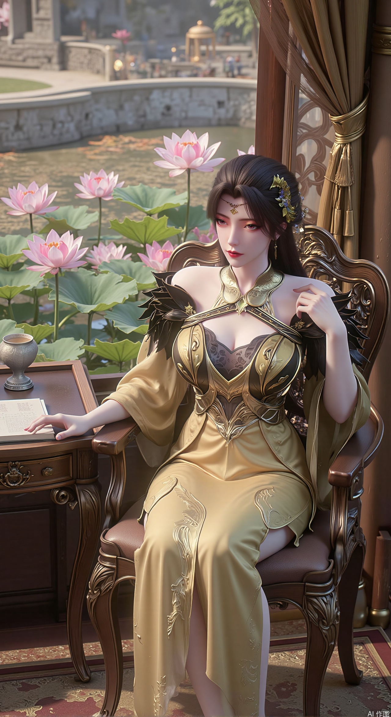 (masterpiece, best quality:1.2),1girl, solo, Ancient princess's boudoir with bright color palette, Hanfu-clad maiden sitting by latticed window desk in romantic daydreaming posture,  classical Chinese garden through window showcasing lotus pond filled with blooming pink and white lotuses, delicate ink-wash painting style, interior featuring rosewood furniture with mother-of-pearl inlay, silk curtains fluttering in breeze, porcelain stationery set on desk, distant view of curved bridges and pavilions in garden, ultra HD rendering with crisp details on embroidered garments and translucent lotus petals,,(huge breasts:2.99),(full breasts:2.89), 