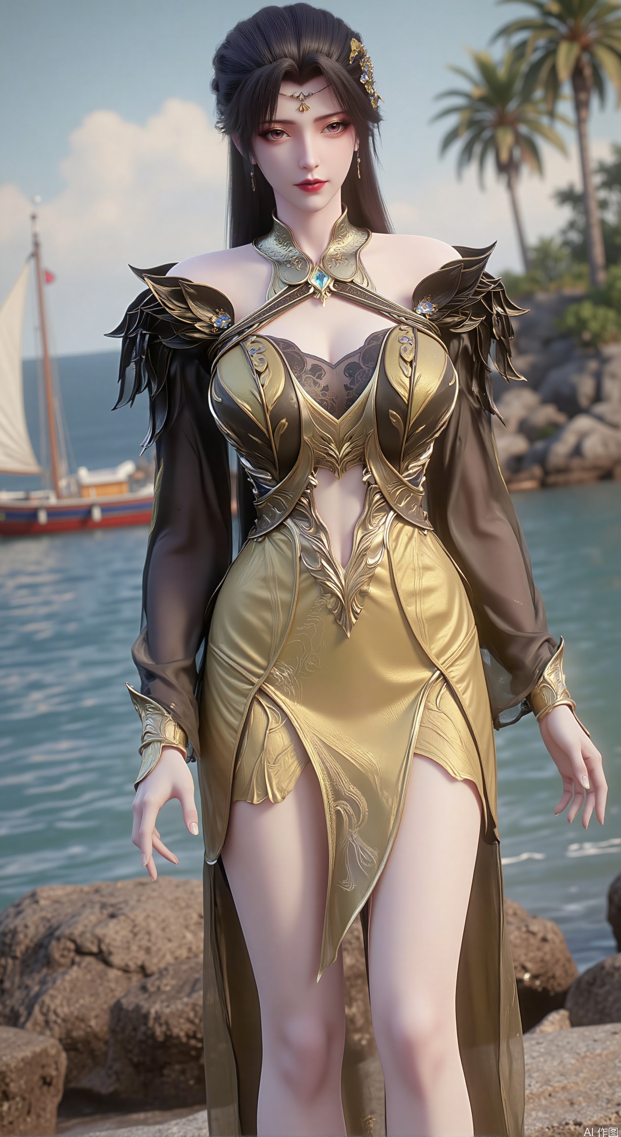  SFW,(masterpiece:1.2),best quality,absurdres,masterpiece,original,extremely detailed wallpaper,perfect lighting,1girl,solo,looking at viewer,(cowboy_shot:1.3),long hair,high heels,blurry background,depth of field,motion blur,(long dress:1.23),china_dress,chinese_style,bare shouders,crystal_earrings,headpiece,hair_tie,chest_jewel,gem,necklace,jewelry,in summer,day,outdoors,nature,garden,,(standing,Seaside, beach, sailboat, coconut trees,flowers:1.59),(huge breasts:2.99),(full breasts:2.99),
