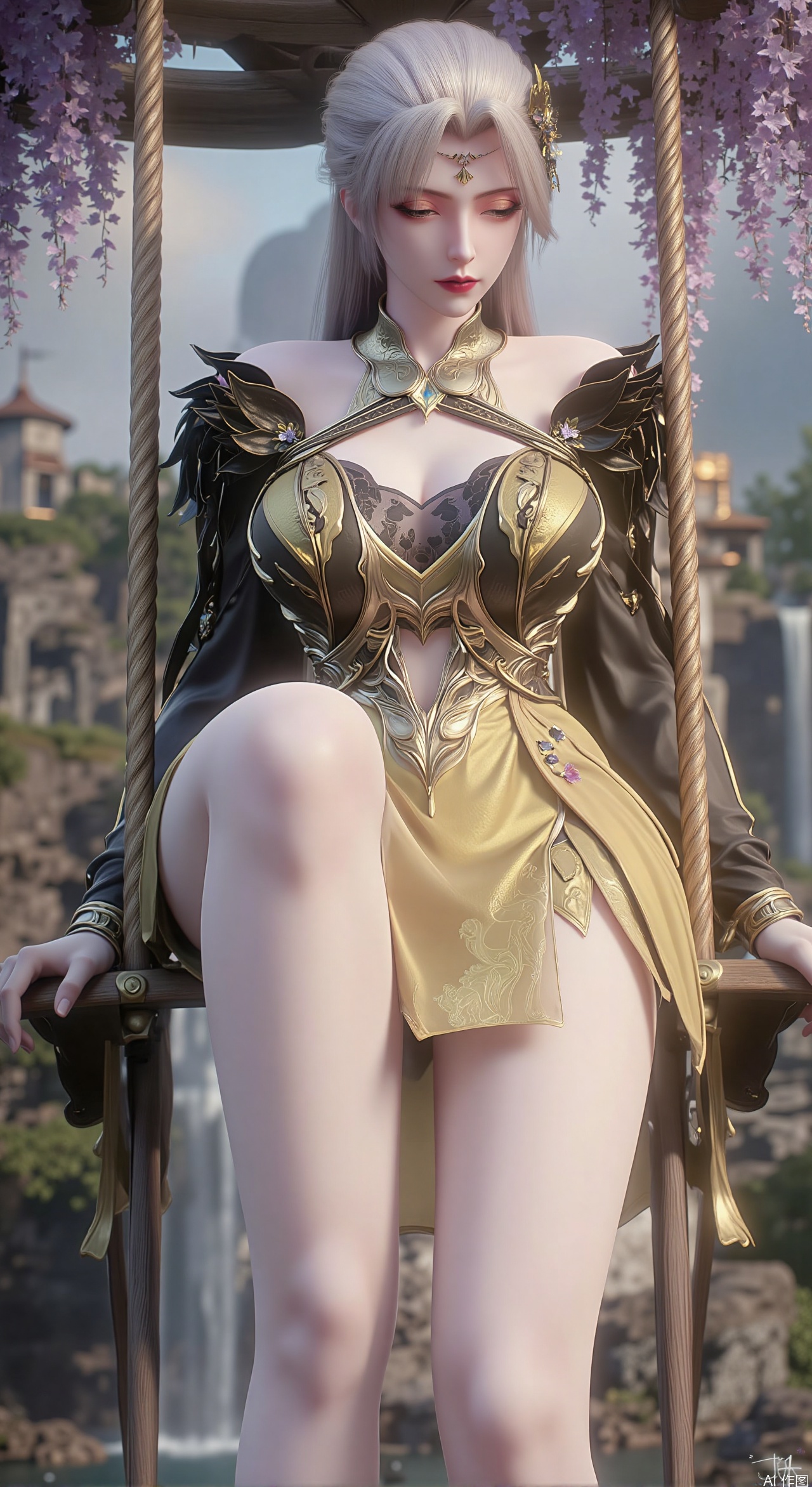 SFW,(masterpiece, top quality, best quality, official art, beautiful and aesthetic:1.2),Dynamic posture,(Sitting on the swing:1.39),natural skin texture,(Milky skin:1.2),1gir,solo,long Dress,
(Long legs, perfect proportions:1.2),(Sakura, butterfly:1.29),(huge breasts:2.99),(full breasts:2.99),Wisteria, wisteria flowers, castle, waterfall, mountains in the distance,
