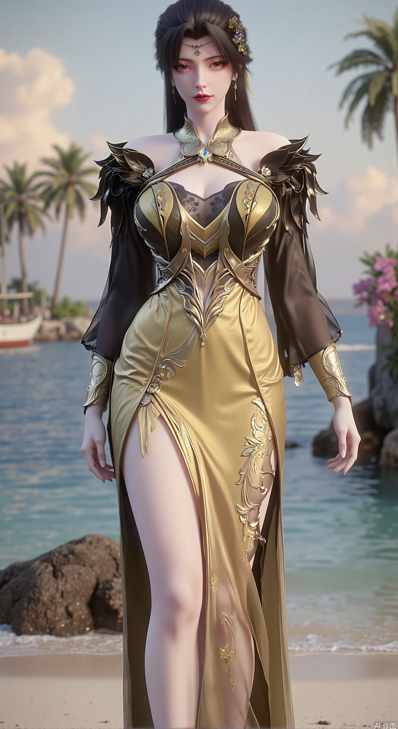 SFW,(masterpiece:1.2),best quality,absurdres,masterpiece,original,extremely detailed wallpaper,perfect lighting,1girl,solo,looking at viewer,(cowboy_shot:1.3),long hair,high heels,blurry background,depth of field,motion blur,(long dress:1.23),china_dress,chinese_style,bare shouders,crystal_earrings,headpiece,hair_tie,chest_jewel,gem,necklace,jewelry,in summer,day,outdoors,nature,garden,,(standing,Seaside, beach, sailboat, coconut trees,flowers:1.59),(huge breasts:2.99),(full breasts:2.99),