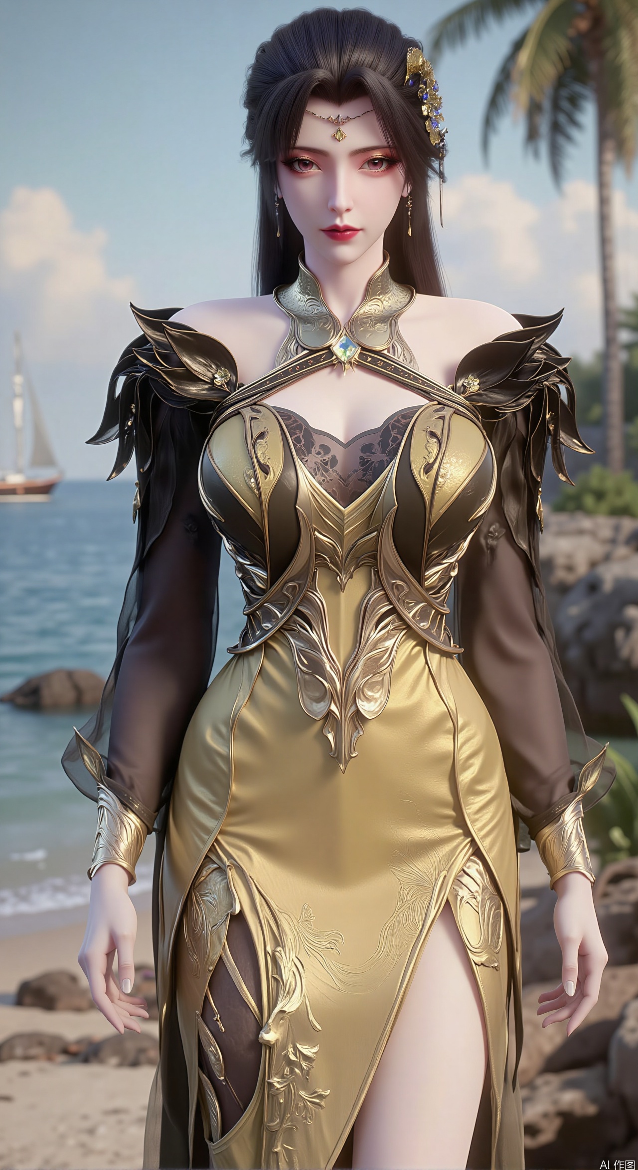 SFW,(masterpiece:1.2),best quality,absurdres,masterpiece,original,extremely detailed wallpaper,perfect lighting,1girl,solo,looking at viewer,(cowboy_shot:1.3),long hair,high heels,blurry background,depth of field,motion blur,(long dress:1.23),china_dress,chinese_style,bare shouders,crystal_earrings,headpiece,hair_tie,chest_jewel,gem,necklace,jewelry,in summer,day,outdoors,nature,garden,,(standing,Seaside, beach, sailboat, coconut trees,flowers:1.59),(huge breasts:2.99),(full breasts:2.99),