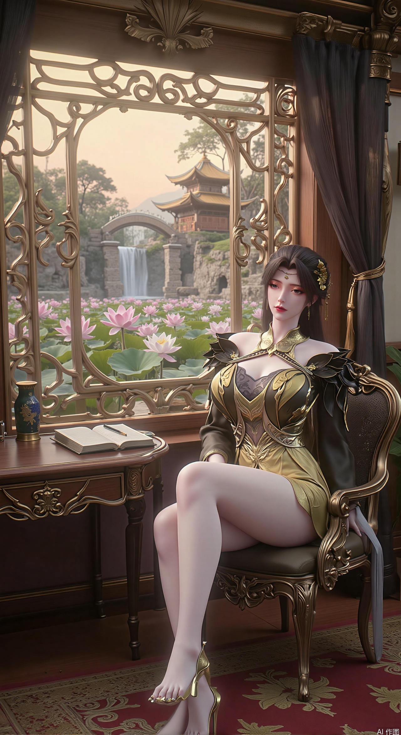 (masterpiece, best quality:1.2),1girl, solo, Ancient princess's boudoir with bright color palette, Hanfu-clad maiden sitting by latticed window desk in romantic daydreaming posture,  classical Chinese garden through window showcasing lotus pond filled with blooming pink and white lotuses, delicate ink-wash painting style, interior featuring rosewood furniture with mother-of-pearl inlay, silk curtains fluttering in breeze, porcelain stationery set on desk, distant view of curved bridges and pavilions in garden, ultra HD rendering with crisp details on embroidered garments and translucent lotus petals,,(huge breasts:2.99),(full breasts:2.89), 