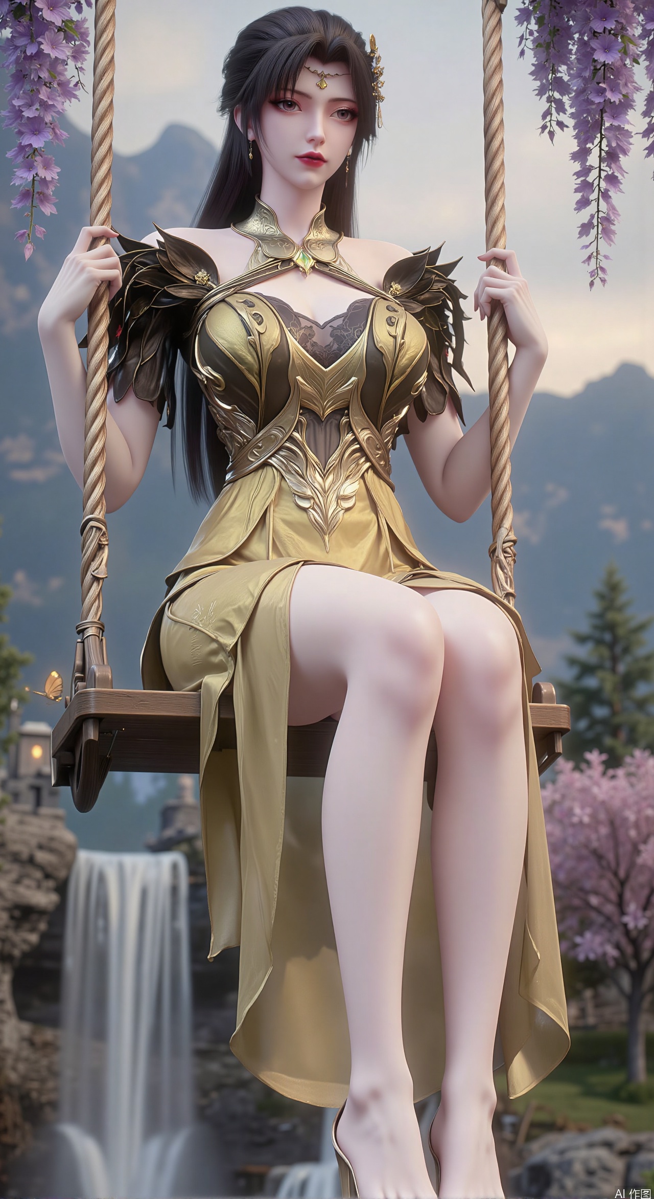 SFW,(masterpiece, top quality, best quality, official art, beautiful and aesthetic:1.2),Dynamic posture,(Sitting on the swing:1.39),natural skin texture,(Milky skin:1.2),1gir,solo,long Dress,
(Long legs, perfect proportions:1.2),(Sakura, butterfly:1.29),(huge breasts:2.99),(full breasts:2.99),Wisteria, wisteria flowers, castle, waterfall, mountains in the distance,