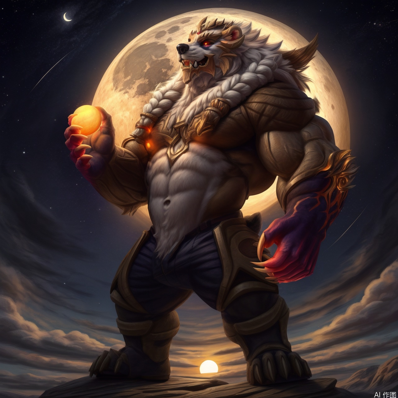 solo, Holding the sun and moon, picking the stars, the sky is filled with stars, the sun and moon shine together, shining brilliantly, with a sense of sacredness and fragmentation, 1boy, full body, furry,male focus, horns, teeth, pants, muscular, light,muscular male, claws, colored sclera,character:Volibear, bear boy,