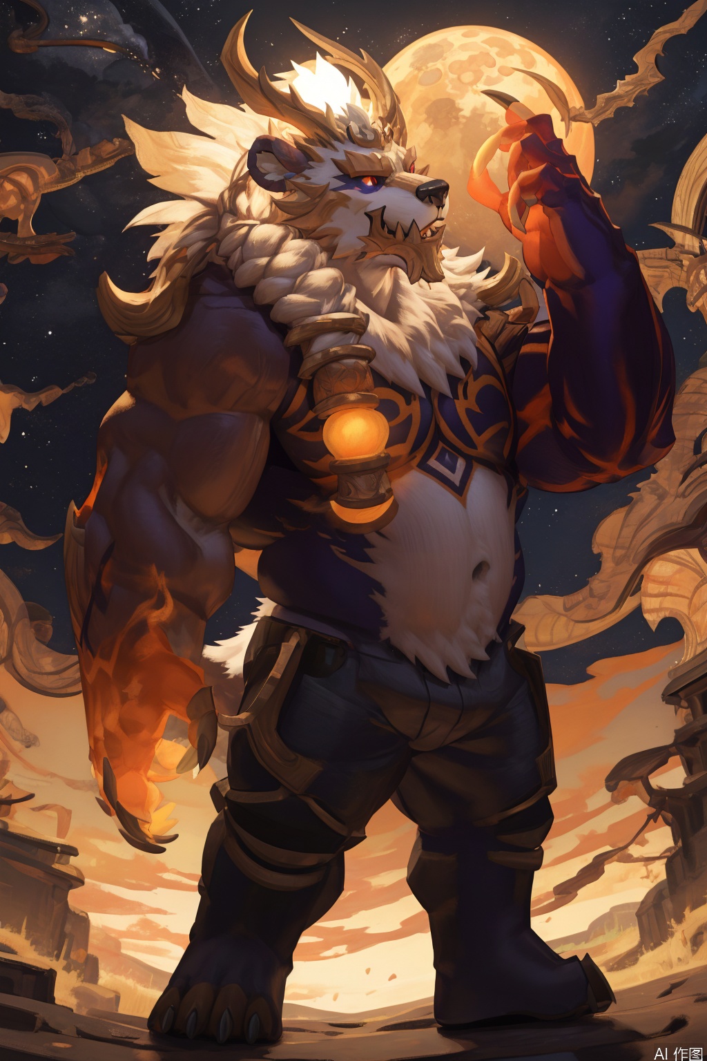 solo, Holding the sun and moon, picking the stars, the sky is filled with stars, the sun and moon shine together, shining brilliantly, with a sense of sacredness and fragmentation, 1boy, full body, furry,male focus, horns, teeth, pants, muscular, light,muscular male, claws, colored sclera,character:Volibear, bear boy,mythical creature, god, giant bear