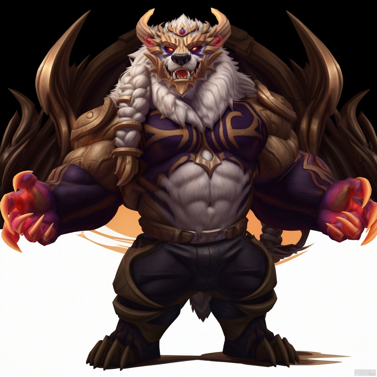 solo, looking at viewer, 1boy, full body, furry,male focus, horns, teeth, pants, muscular, muscular male, claws, colored sclera,character:Volibear, bear boy
