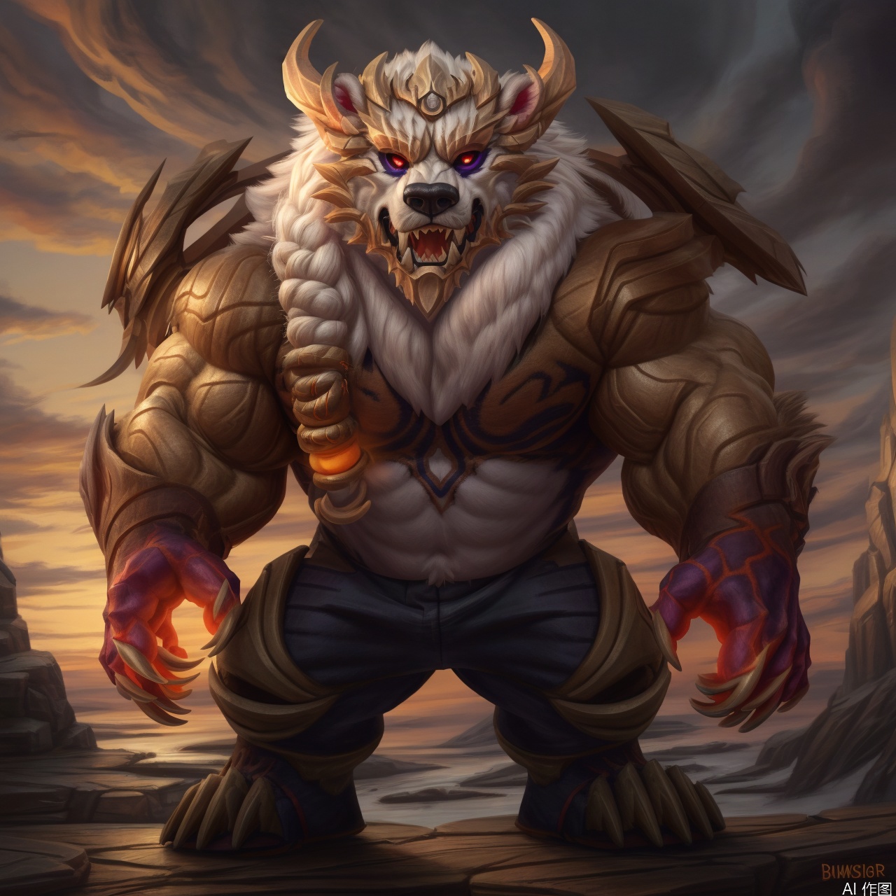 solo, looking at viewer, 1boy, full body, furry,male focus, horns, teeth, pants, muscular, muscular male, claws, colored sclera,character:Volibear, bear boy