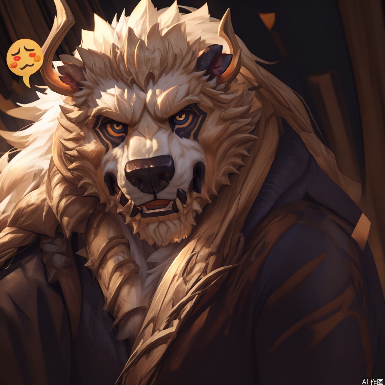 solo, looking at viewer, sad,emo,💧, horns, animal, furry, realistic, animal focus, what,emoji,bear boy,???,emoticon,character:Volibear