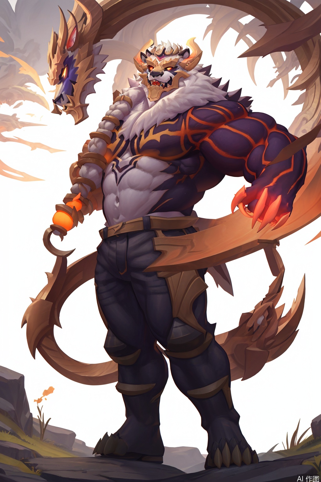 solo, looking at viewer, 1boy, full body, furry,male focus, horns, teeth, pants, muscular, muscular male, claws, colored sclera,character:Volibear, bear boy