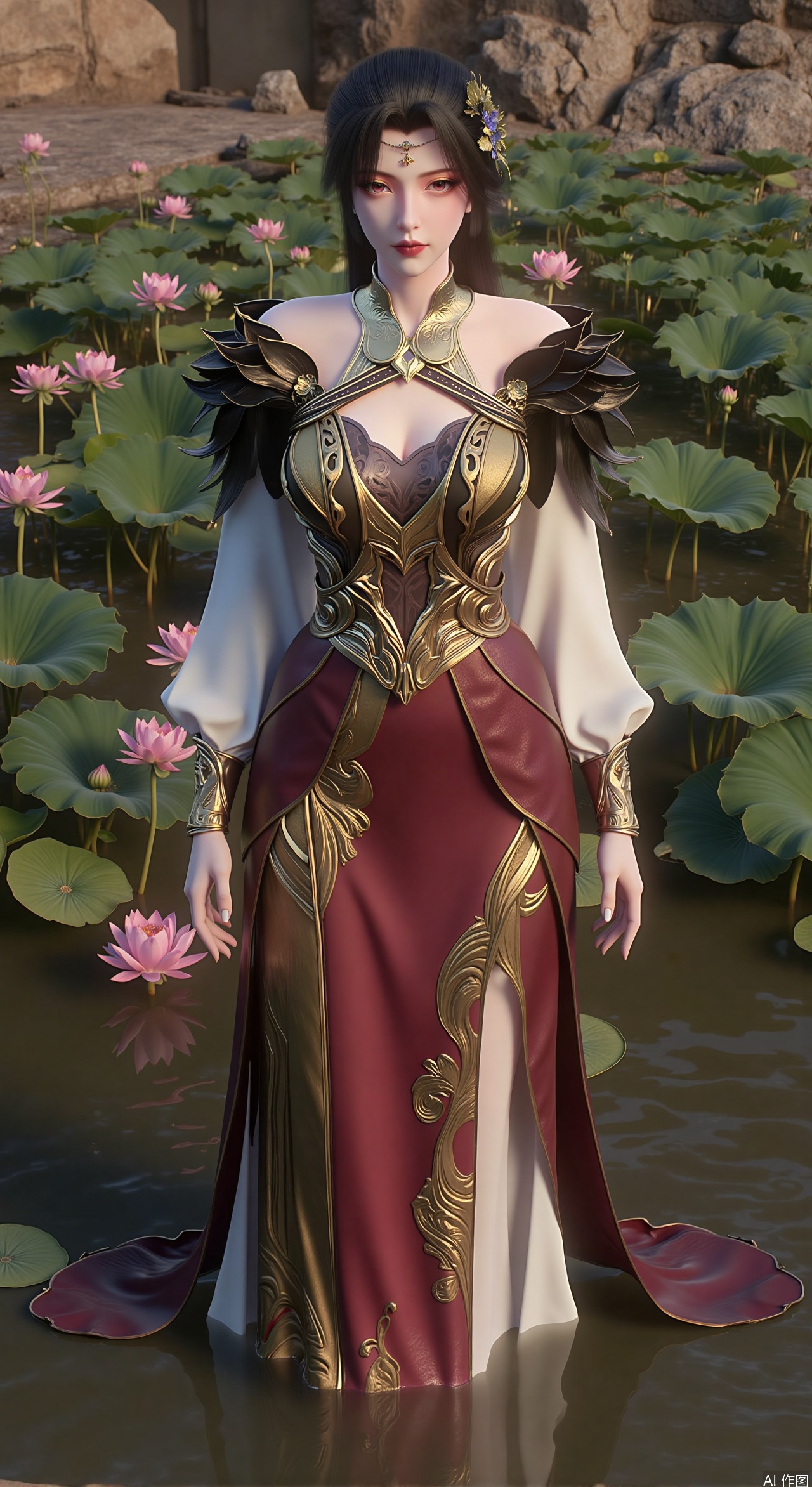  SFW,(masterpiece:1.2),best quality,3d anime style, cg,absurdres,masterpiece,original,extremely detailed wallpaper,perfect lighting,official art, (1girl), (solo), ((looking_at_viewer)),(huge breasts:2.99),(full breasts:2.99),long dress,(Forbidden City, osmanthus, lotus pond, lotus:1.3),