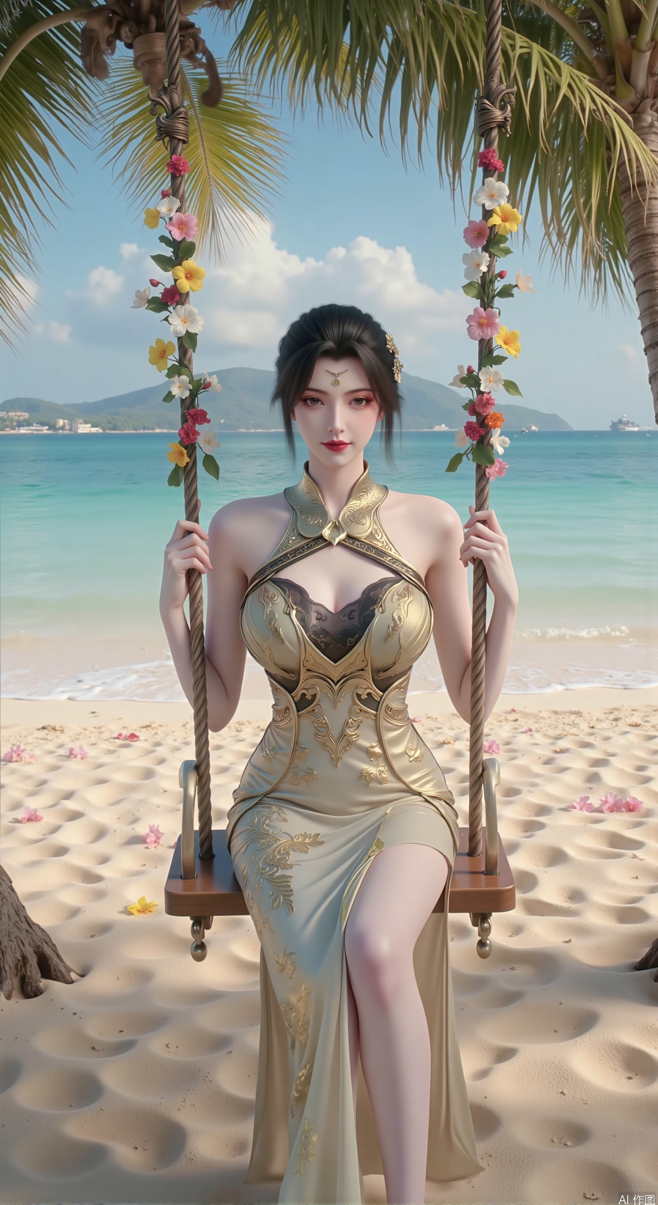  SFW,(masterpiece:1.2),best quality,absurdres,masterpiece,original,extremely detailed wallpaper,perfect lighting,Golden sandy beach covered with vibrant flowers, turquoise waves gently lapping the shore, elegant woman in embroidered qipao swinging on a wooden swing under coconut trees, bright flower clusters spreading from sand to palm tree roots, soft natural light filtering through coconut leaves, ocean breeze lifting hair and qipao hem, high-resolution details showcasing petal textures and silk fabric sheen, ultra-wide angle lens capturing coastline panorama, cinematic color grading with soft focus on the central figure,(huge breasts:2.99),(full breasts:2.99),Xzhihua,Xsiyouyou,Xyanruyu,Xmoxiaonan,Xyeqingxian