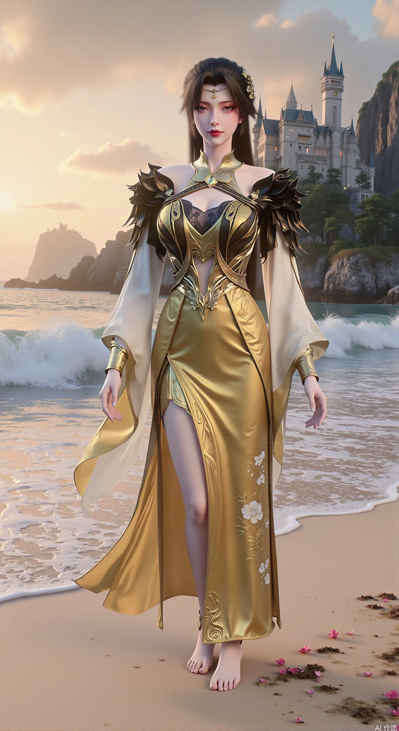  SFW,(masterpiece:1.2),best quality,3d anime style, cg,absurdres,masterpiece,original,extremely detailed wallpaper,perfect lighting,official art, A young woman in embroidered qipao standing barefoot on golden sandy beach, colorful flowers around feet, ocean waves washing over feet, white medieval castle with pointed towers resembling Neuschwanstein Castle perched on steep cliff in background, golden sunset rays piercing through clouds, ultra-wide angle composition with detailed foreground sand textures, dynamic mid-shot of figure interacting with waves, three-dimensional castle structure in background, high saturation colors, 8K resolution, precise depth of field control, HDR lighting, surreal elements blended with photorealistic details, realistic water reflections, intricate silk fabric texture, castle floating in mist atmosphere,(huge breasts:2.99),(full breasts:2.99),