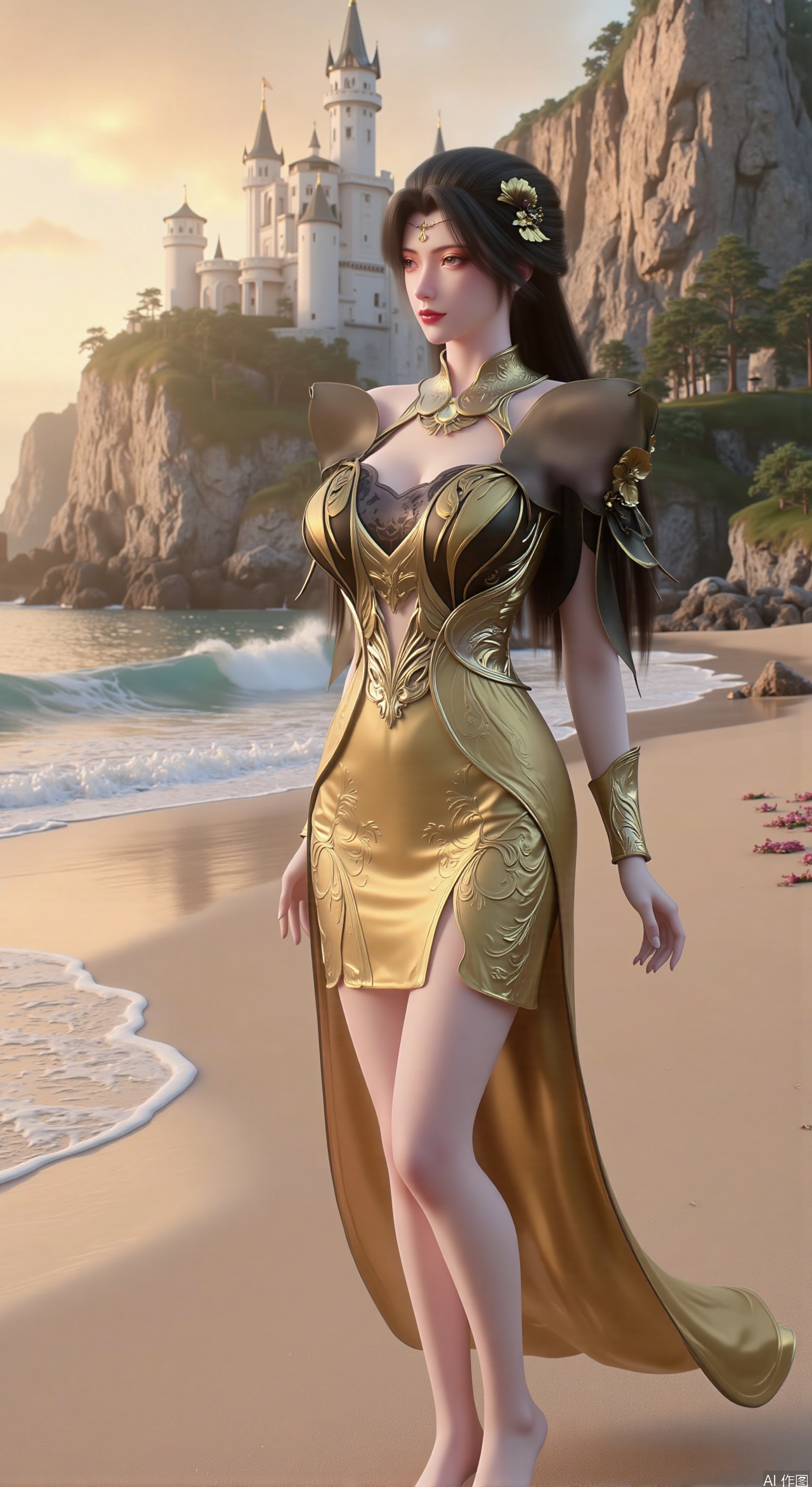  SFW,(masterpiece:1.2),best quality,3d anime style, cg,absurdres,masterpiece,original,extremely detailed wallpaper,perfect lighting,official art, A young woman in embroidered qipao standing barefoot on golden sandy beach, colorful flowers around feet, ocean waves washing over feet, white medieval castle with pointed towers resembling Neuschwanstein Castle perched on steep cliff in background, golden sunset rays piercing through clouds, ultra-wide angle composition with detailed foreground sand textures, dynamic mid-shot of figure interacting with waves, three-dimensional castle structure in background, high saturation colors, 8K resolution, precise depth of field control, HDR lighting, surreal elements blended with photorealistic details, realistic water reflections, intricate silk fabric texture, castle floating in mist atmosphere,(huge breasts:2.99),(full breasts:2.99),