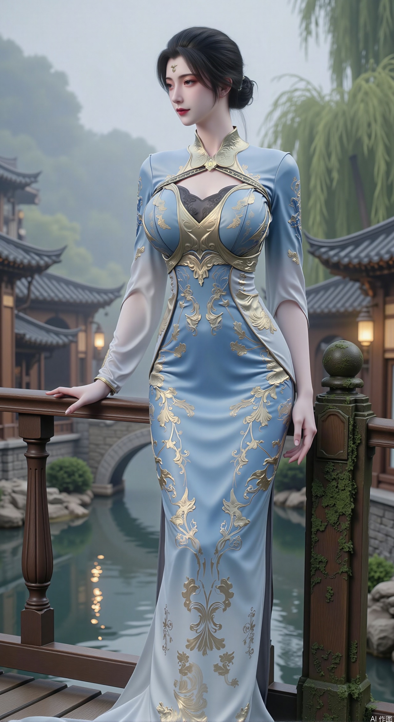  SFW,(masterpiece:1.2),best quality,absurdres,masterpiece,original,extremely detailed wallpaper,perfect lighting,Ancient water town with Ancient Chinese wooden arch bridge  over rippling canals, model in figure-hugging cyan-and-white porcelain-patterned qipao leaning against moss-covered bridge railing, morning mist hovering over water reflecting willow trees and classical architecture, intricate embroidery details on silk fabric, shallow depth of field highlighting model's sensual pose, soft daylight illuminating porcelain-like skin texture, traditional Chinese painting color palette with indigo and jade tones,(huge breasts:2.99),(full breasts:2.99),Xzhihua,Xsiyouyou,Xyanruyu,Xmoxiaonan,Xyeqingxian