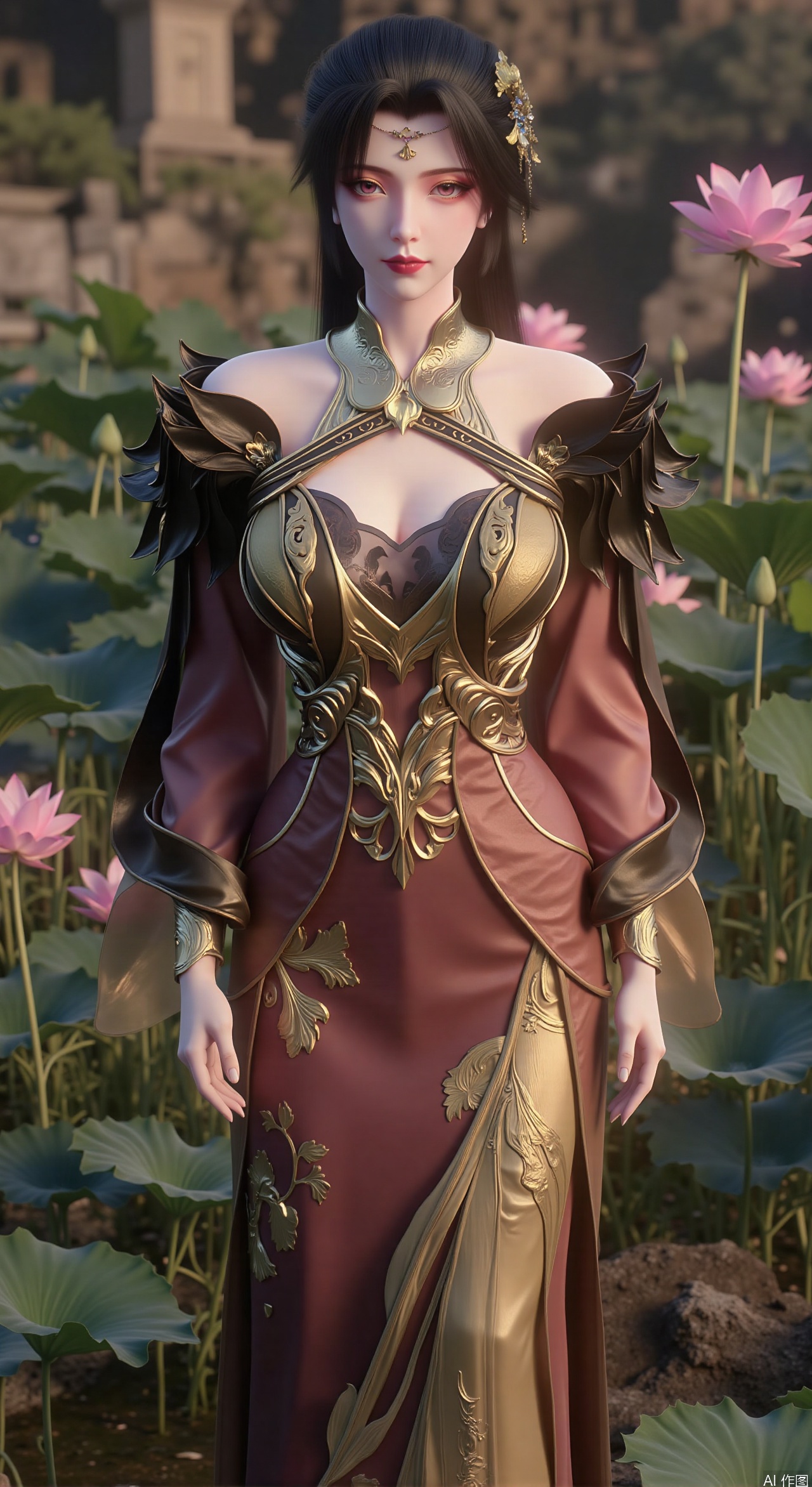  SFW,(masterpiece:1.2),best quality,3d anime style, cg,absurdres,masterpiece,original,extremely detailed wallpaper,perfect lighting,official art, (1girl), (solo), ((looking_at_viewer)),(huge breasts:2.99),(full breasts:2.99),long dress,(Forbidden City, osmanthus, lotus pond, lotus:1.3),