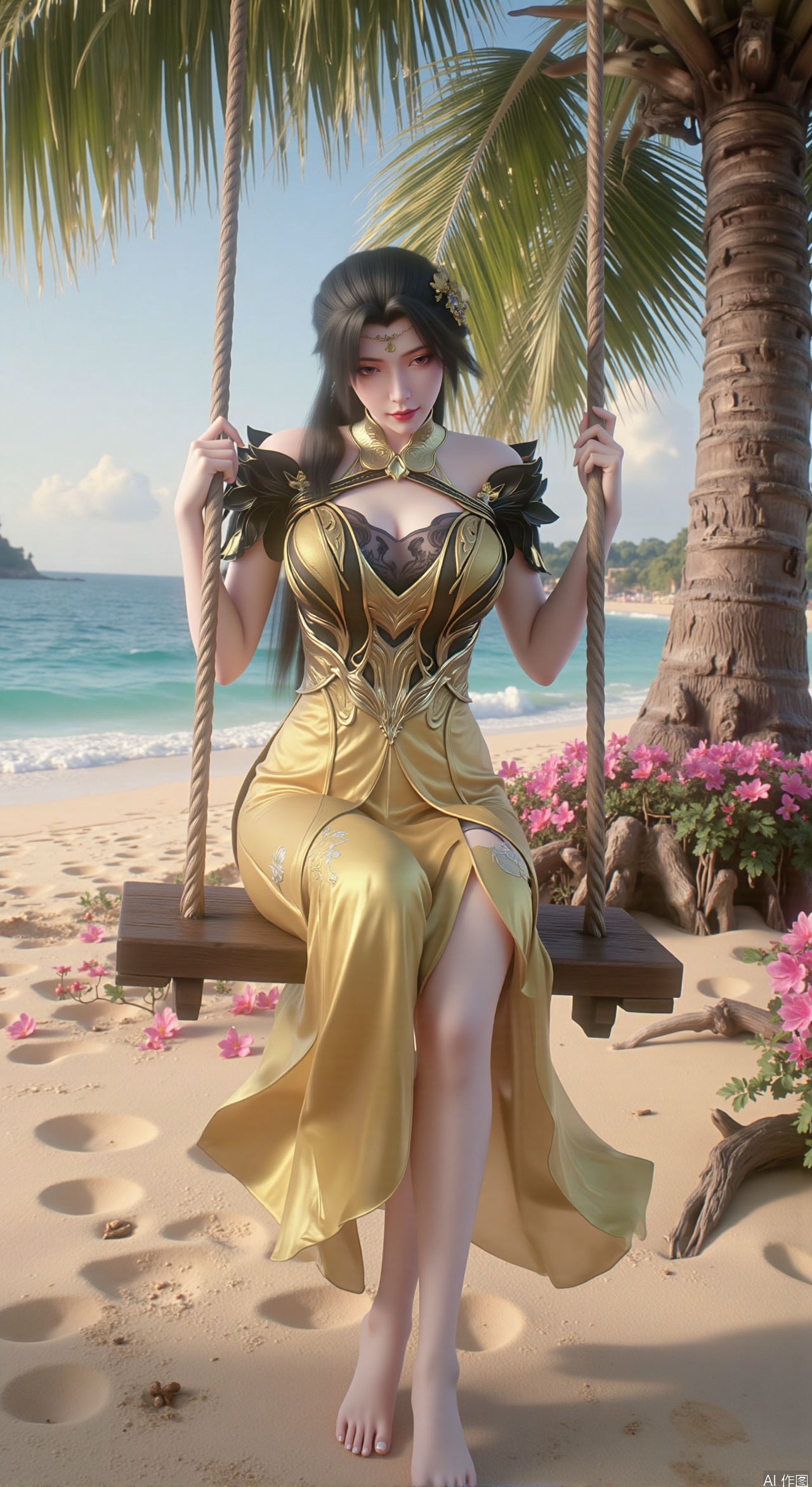  SFW,(masterpiece:1.2),best quality,3d anime style, cg,absurdres,masterpiece,original,extremely detailed wallpaper,perfect lighting,official art, Golden sandy beach covered with vibrant flowers, turquoise waves gently lapping the shore, elegant woman in embroidered qipao swinging on a wooden swing under coconut trees, bright flower clusters spreading from sand to palm tree roots, soft natural light filtering through coconut leaves, ocean breeze lifting hair and qipao hem, high-resolution details showcasing petal textures and silk fabric sheen, ultra-wide angle lens capturing coastline panorama, cinematic color grading with soft focus on the central figure,(huge breasts:2.99),(full breasts:2.99),